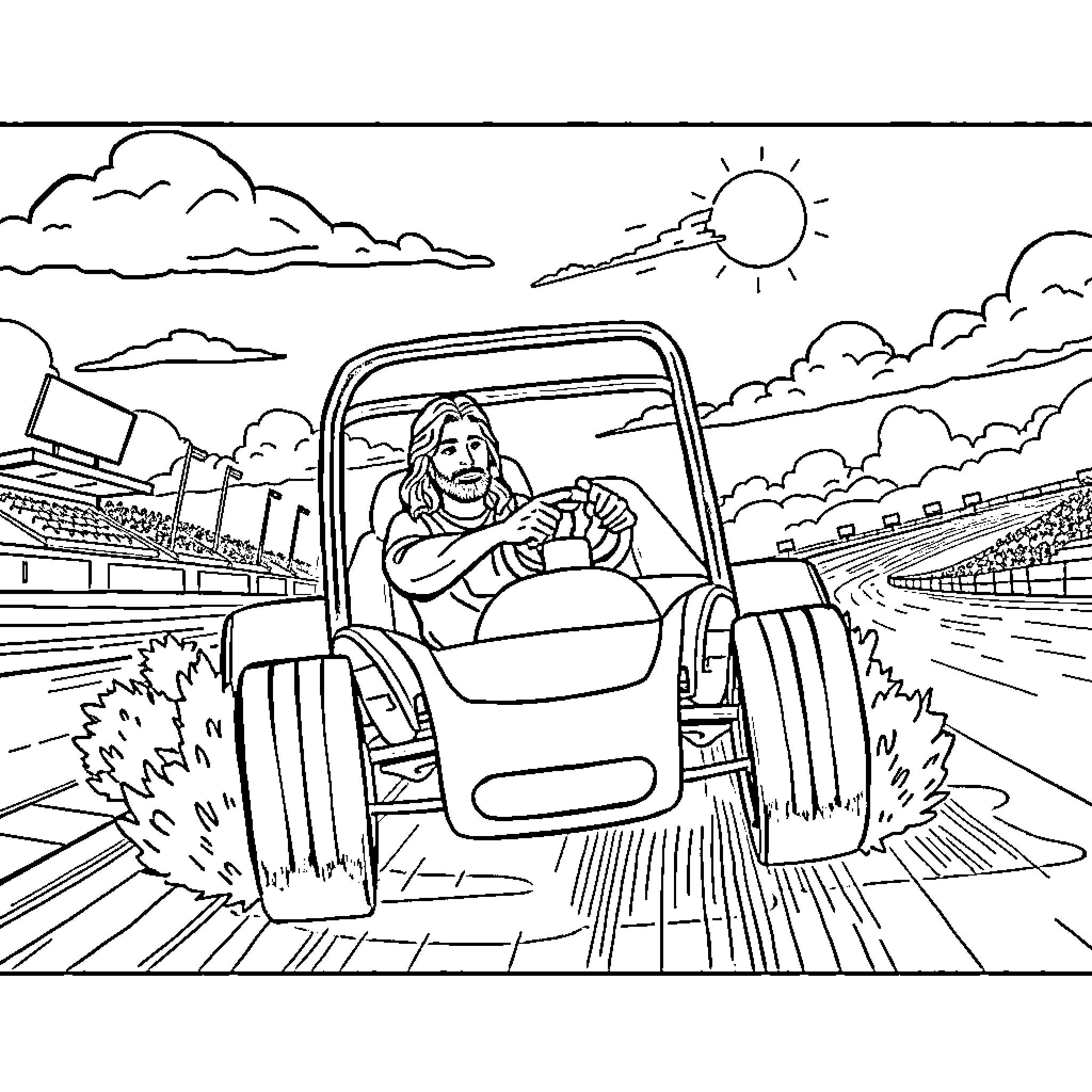 Jesus driving a vehicle on the road Coloring Page (free black-and-white line drawing printable PDF for all, from beginners to advanced learners, including children, teens, adults, and seniors)