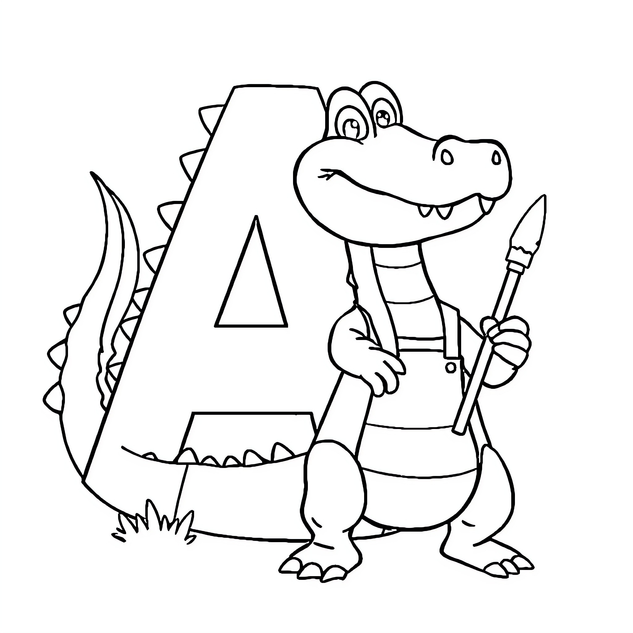 Alligator with spear and shield in cartoon style Coloring Page (free black-and-white line drawing printable PDF for all, from beginners to advanced learners, including children, teens, adults, and seniors)
