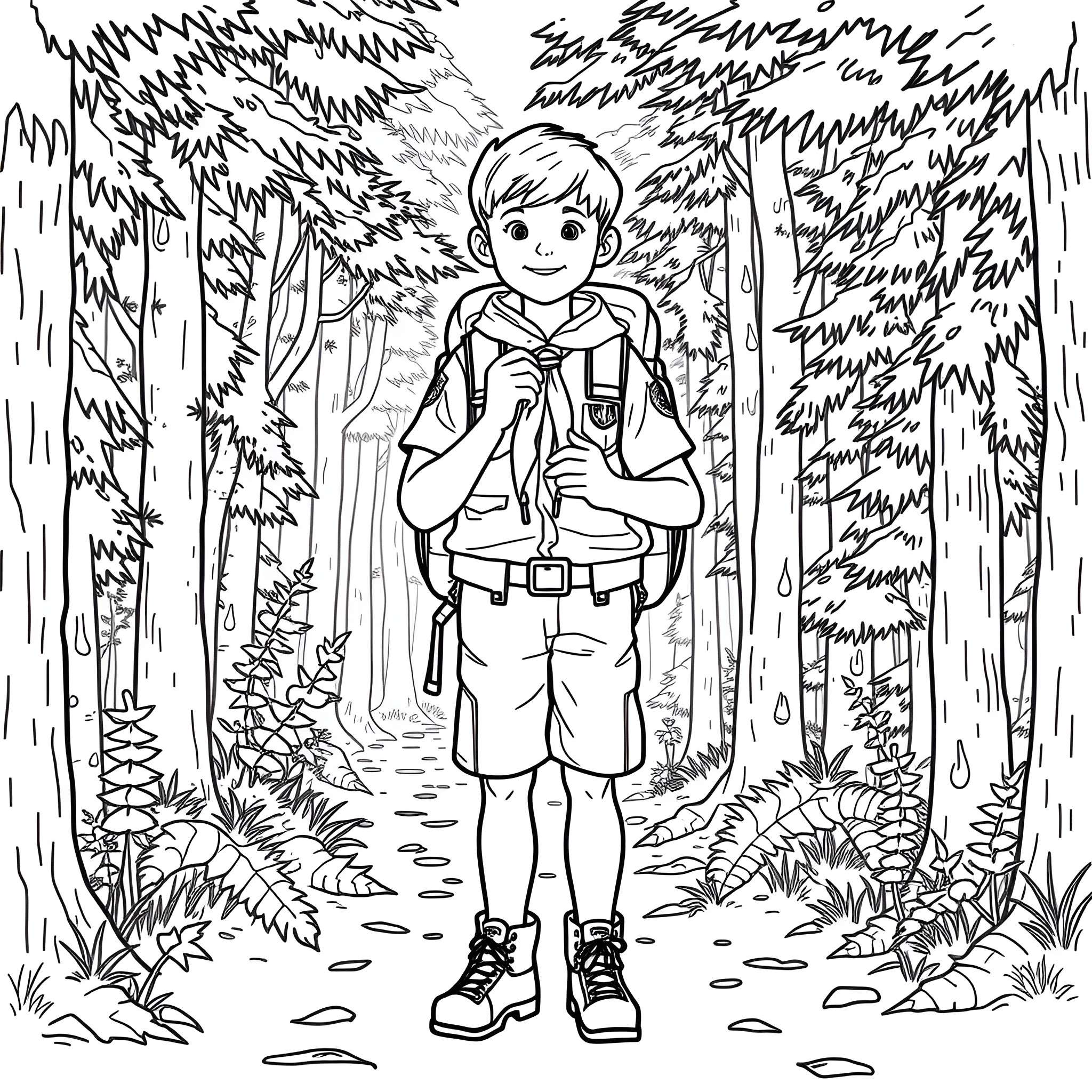 Scout exploring the forest trail Coloring Page (free black-and-white line drawing printable PDF for all, from beginners to advanced learners, including children, teens, adults, and seniors)