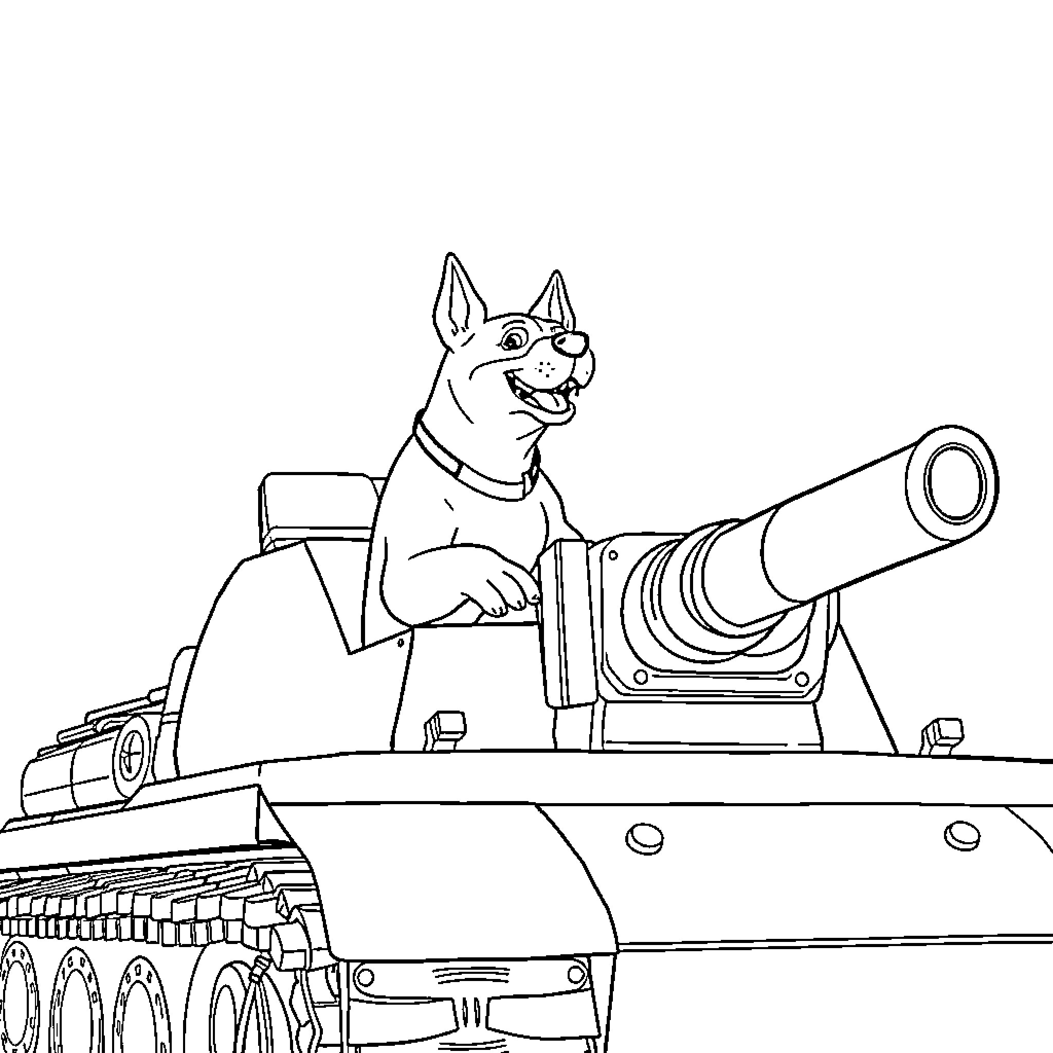 Dog driving a tank with a cannon Coloring Page (free black-and-white line drawing printable PDF for all, from beginners to advanced learners, including children, teens, adults, and seniors)