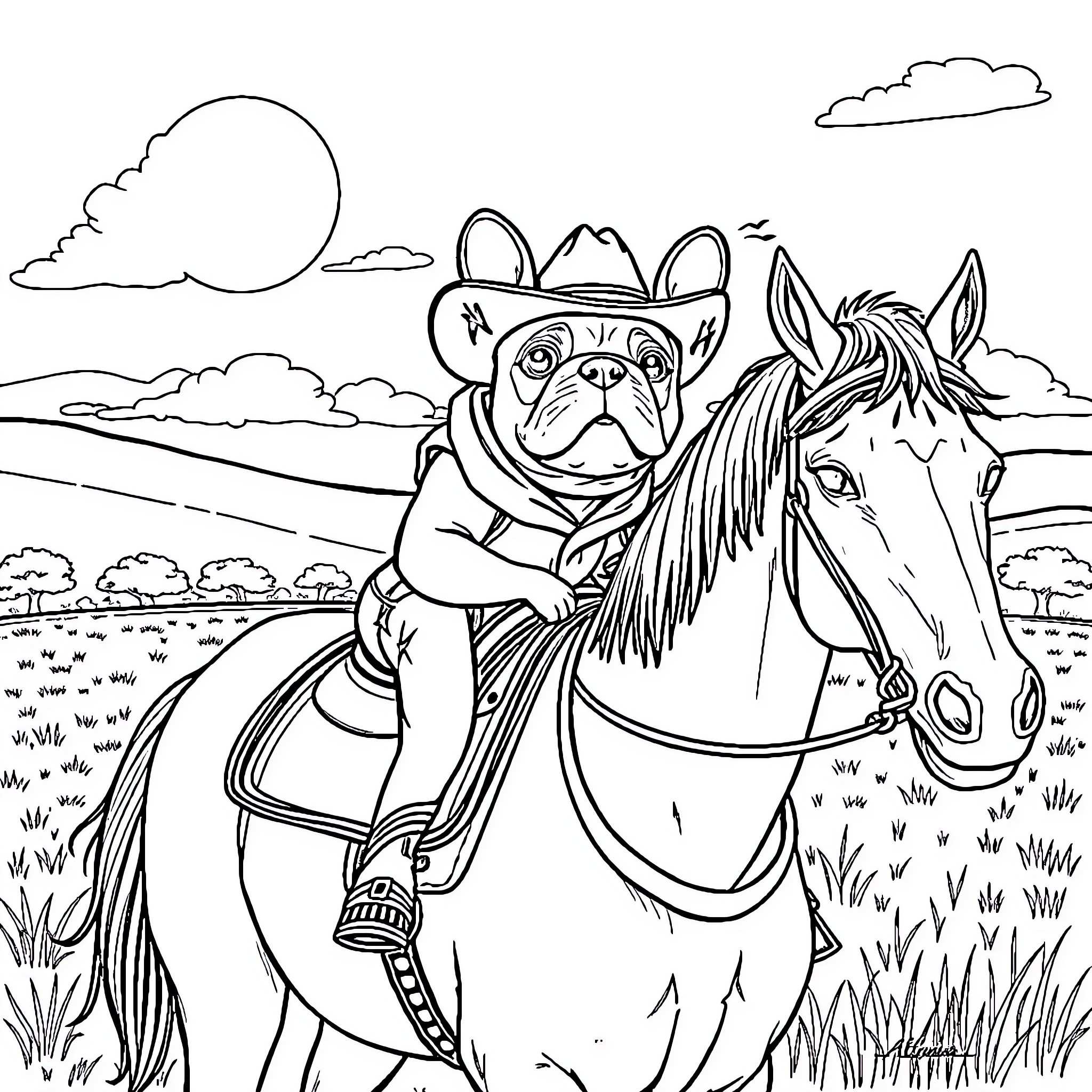 French Bulldog riding a horse in the countryside Coloring Page (free black-and-white line drawing printable PDF for all, from beginners to advanced learners, including children, teens, adults, and seniors)