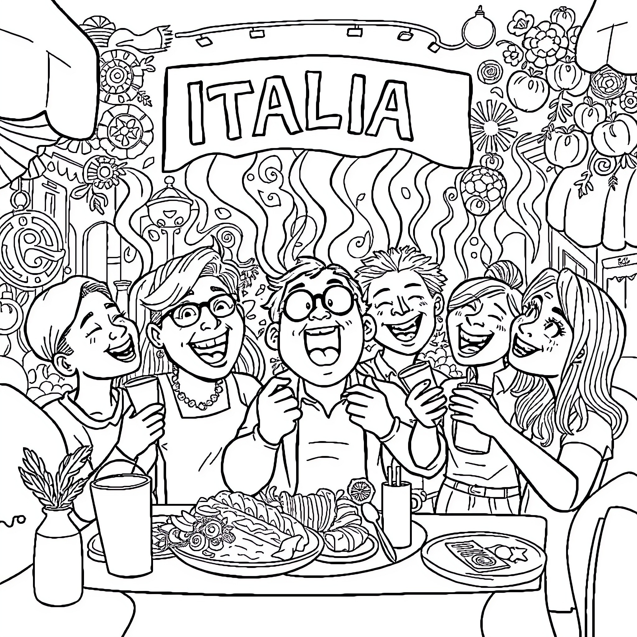 Brain celebrating Italian culture with friends Coloring Page (free black-and-white line drawing printable PDF for all, from beginners to advanced learners, including children, teens, adults, and seniors)