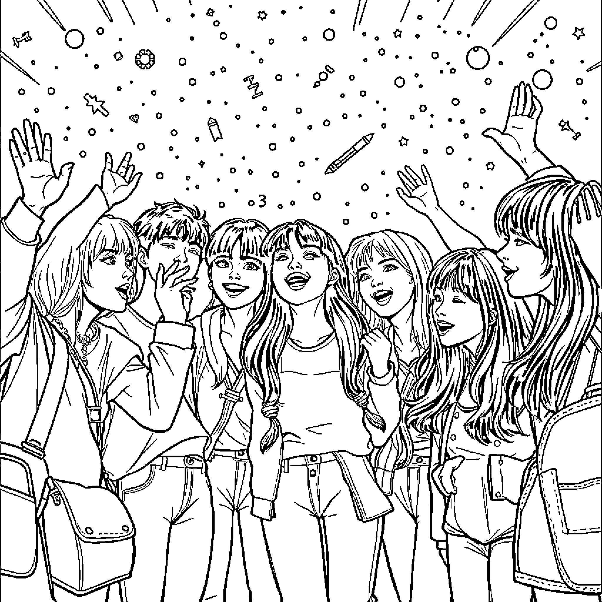 Kpop Hunter: Joyful Kpop Fans Celebrating Coloring Page (free black-and-white line drawing printable PDF for all, from beginners to advanced learners, including children, teens, adults, and seniors)