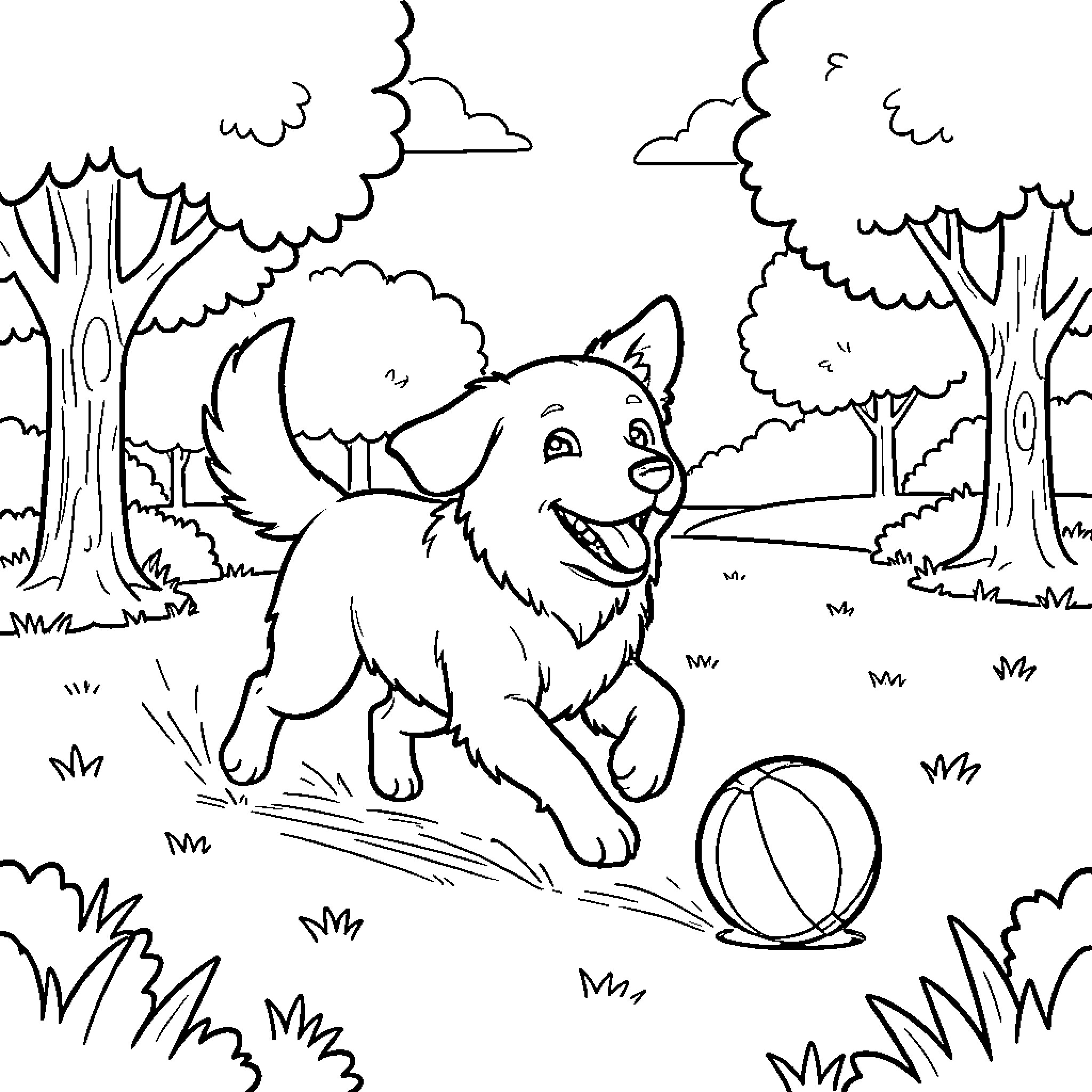 Dog running happily while chasing a ball Coloring Page (free black-and-white line drawing printable PDF for all, from beginners to advanced learners, including children, teens, adults, and seniors)