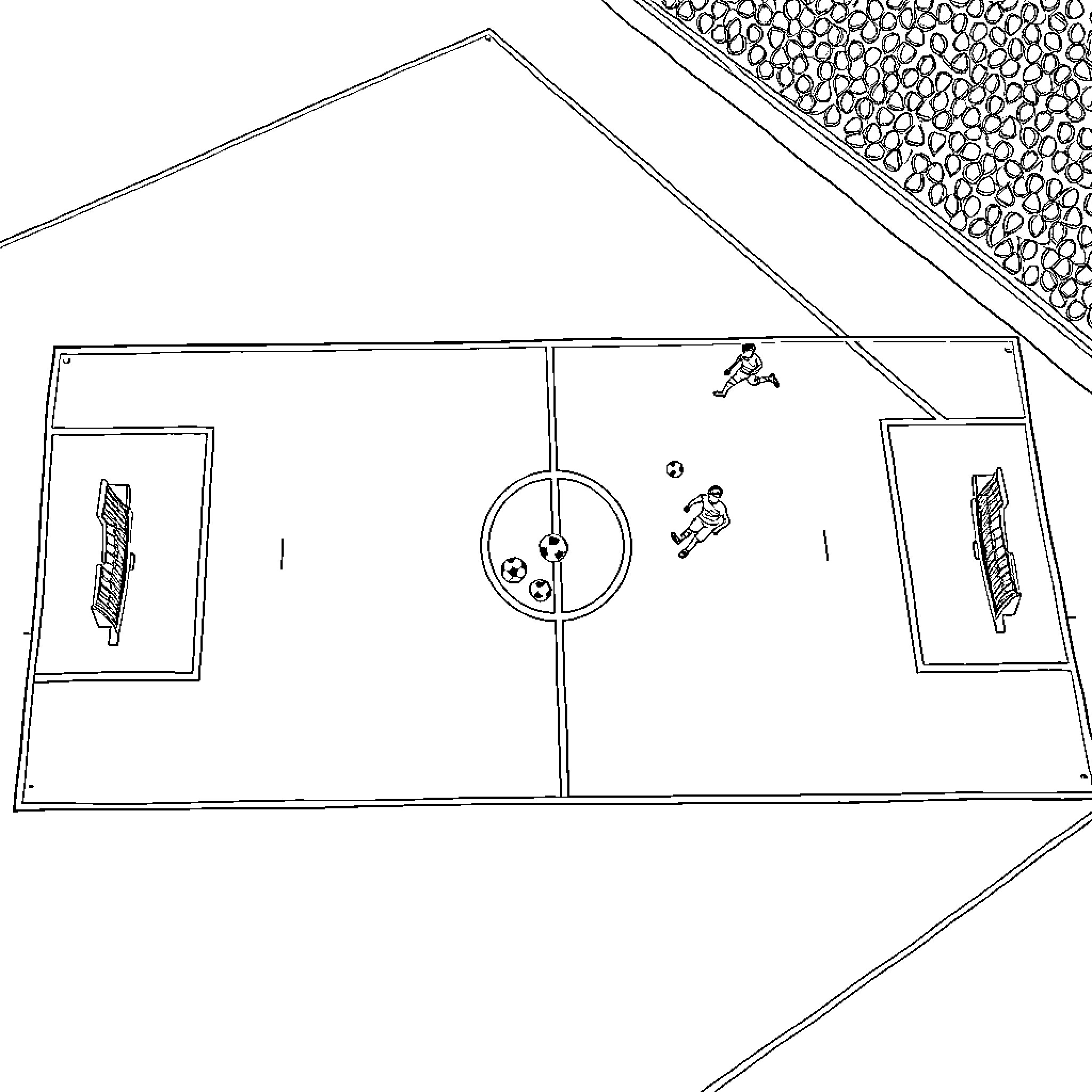 Soccer Field with Players in Action Coloring Page (free black-and-white line drawing printable PDF for all, from beginners to advanced learners, including children, teens, adults, and seniors)