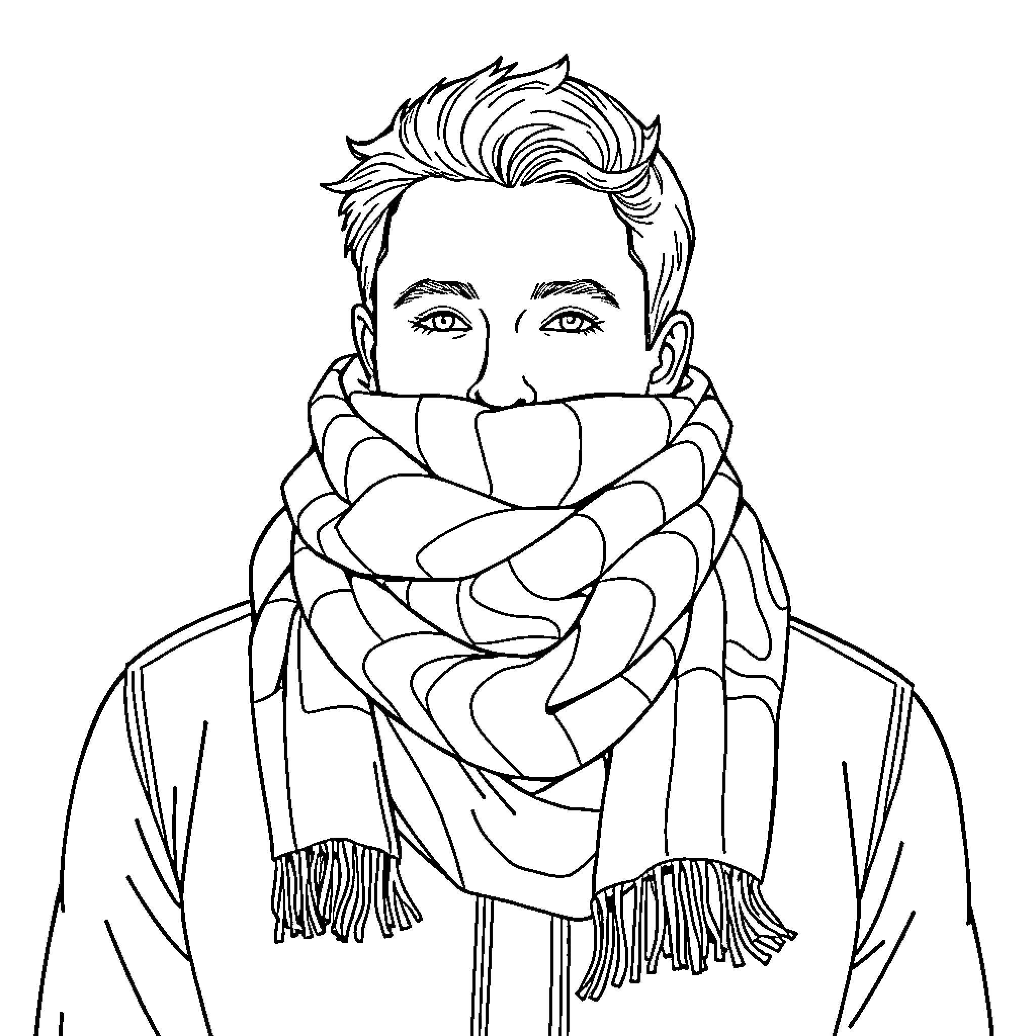 Scarf covering the face of a young man Coloring Page (free black-and-white line drawing printable PDF for all, from beginners to advanced learners, including children, teens, adults, and seniors)