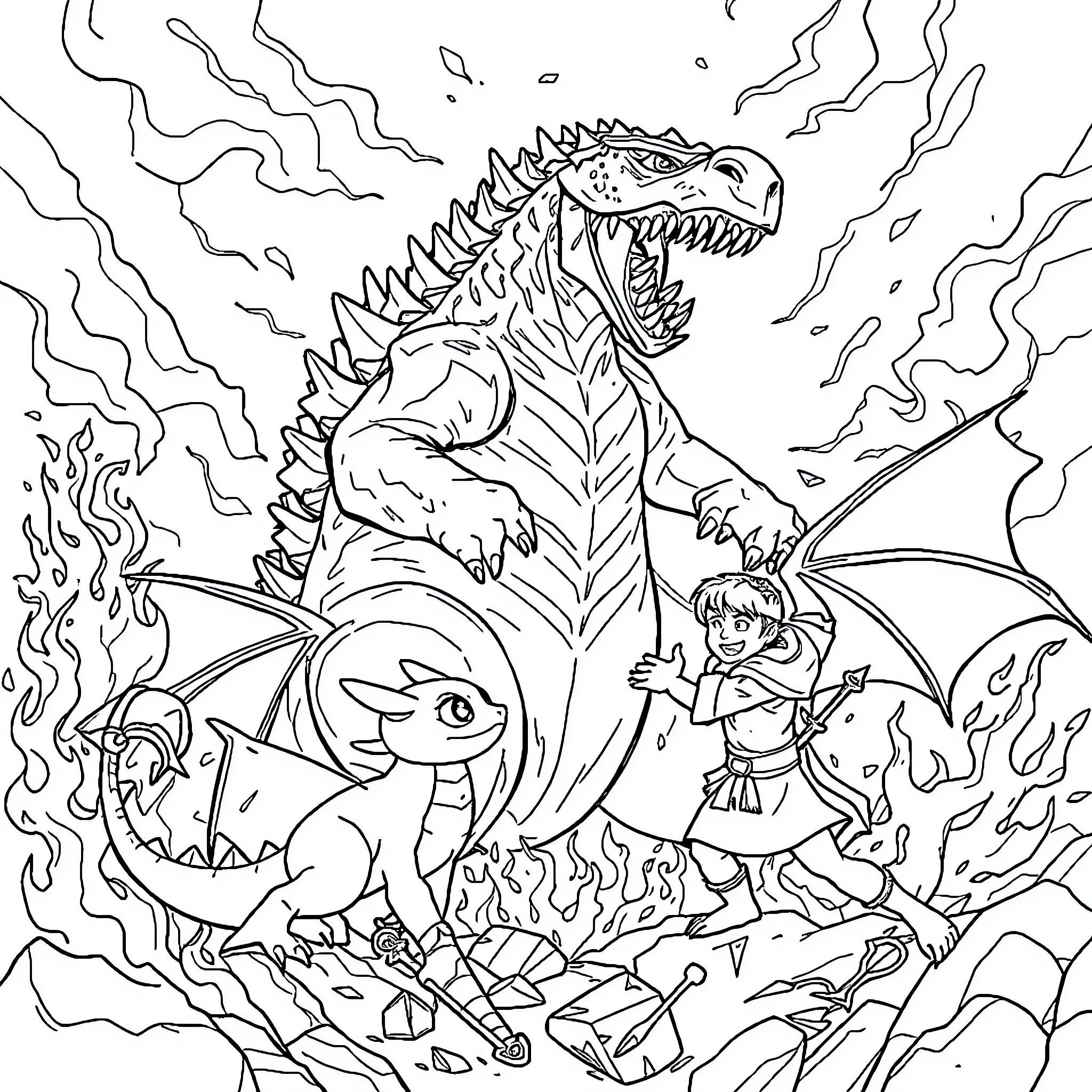 Toothless dragon and friends in a fantastical adventure Coloring Page (free black-and-white line drawing printable PDF for all, from beginners to advanced learners, including children, teens, adults, and seniors)