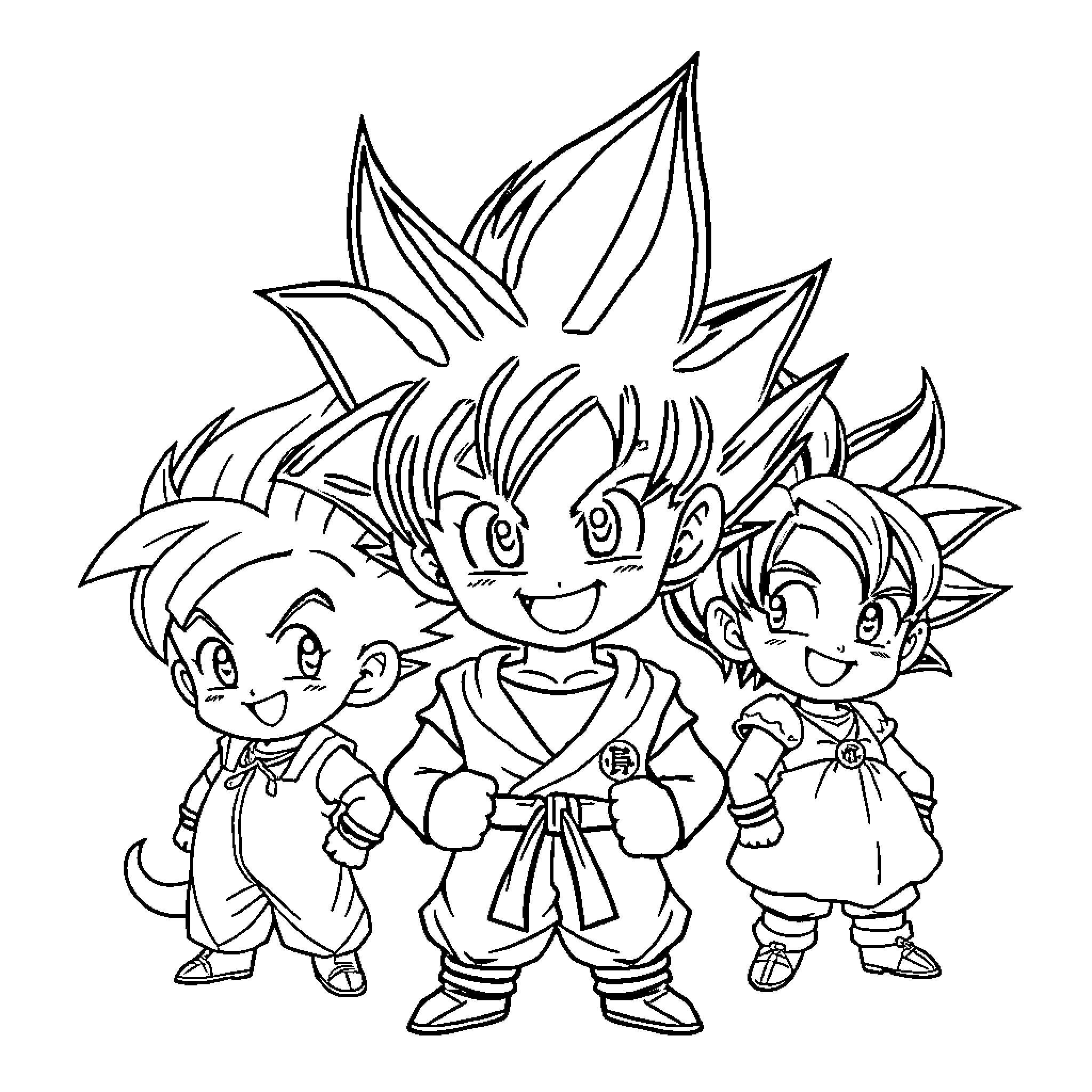 Dragon Ball Z Trio of Energetic Young Heroes Coloring Page (free black-and-white line drawing printable PDF for all, from beginners to advanced learners, including children, teens, adults, and seniors)
