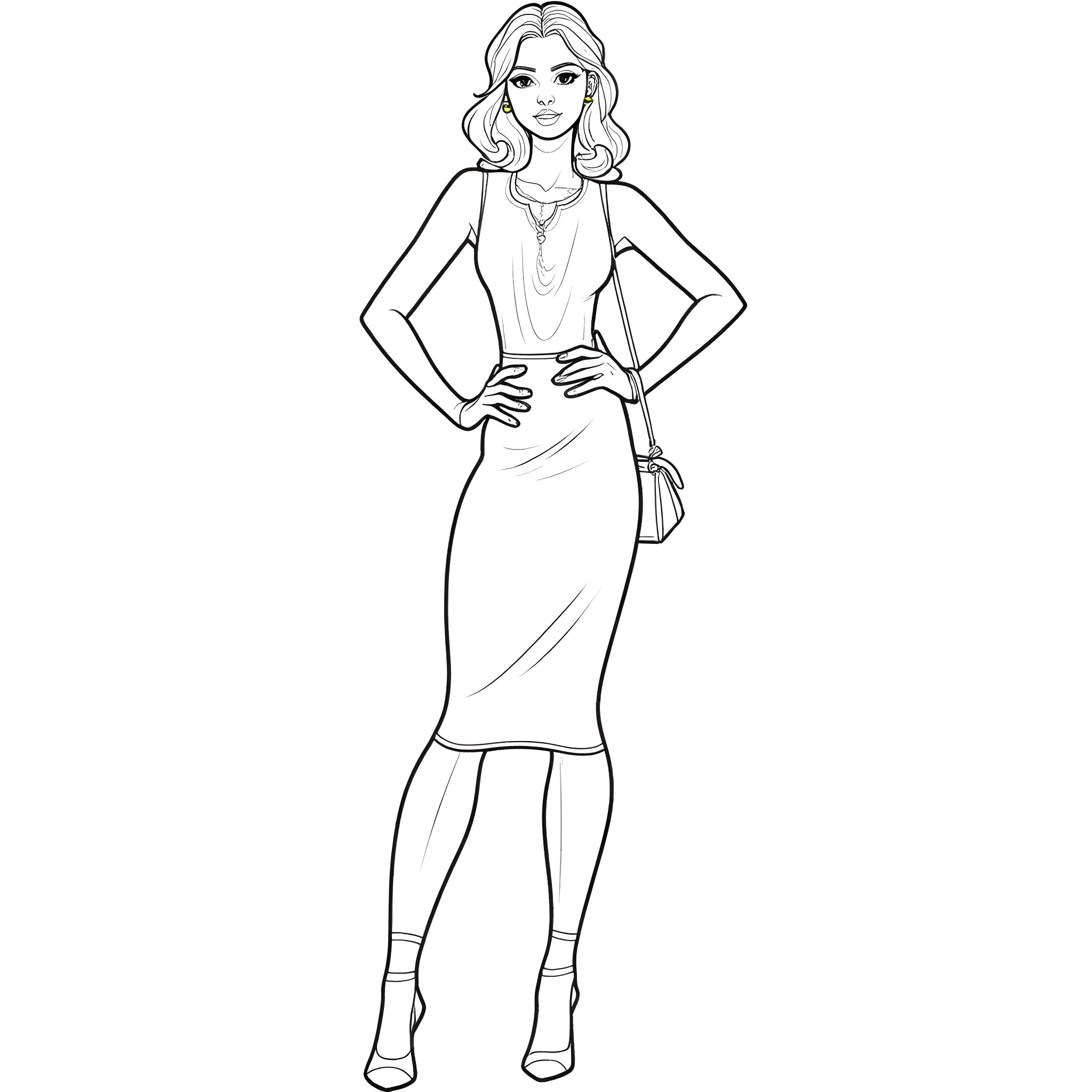 Model in elegant dress posing confidently Coloring Page (free black-and-white line drawing printable PDF for all, from beginners to advanced learners, including children, teens, adults, and seniors)