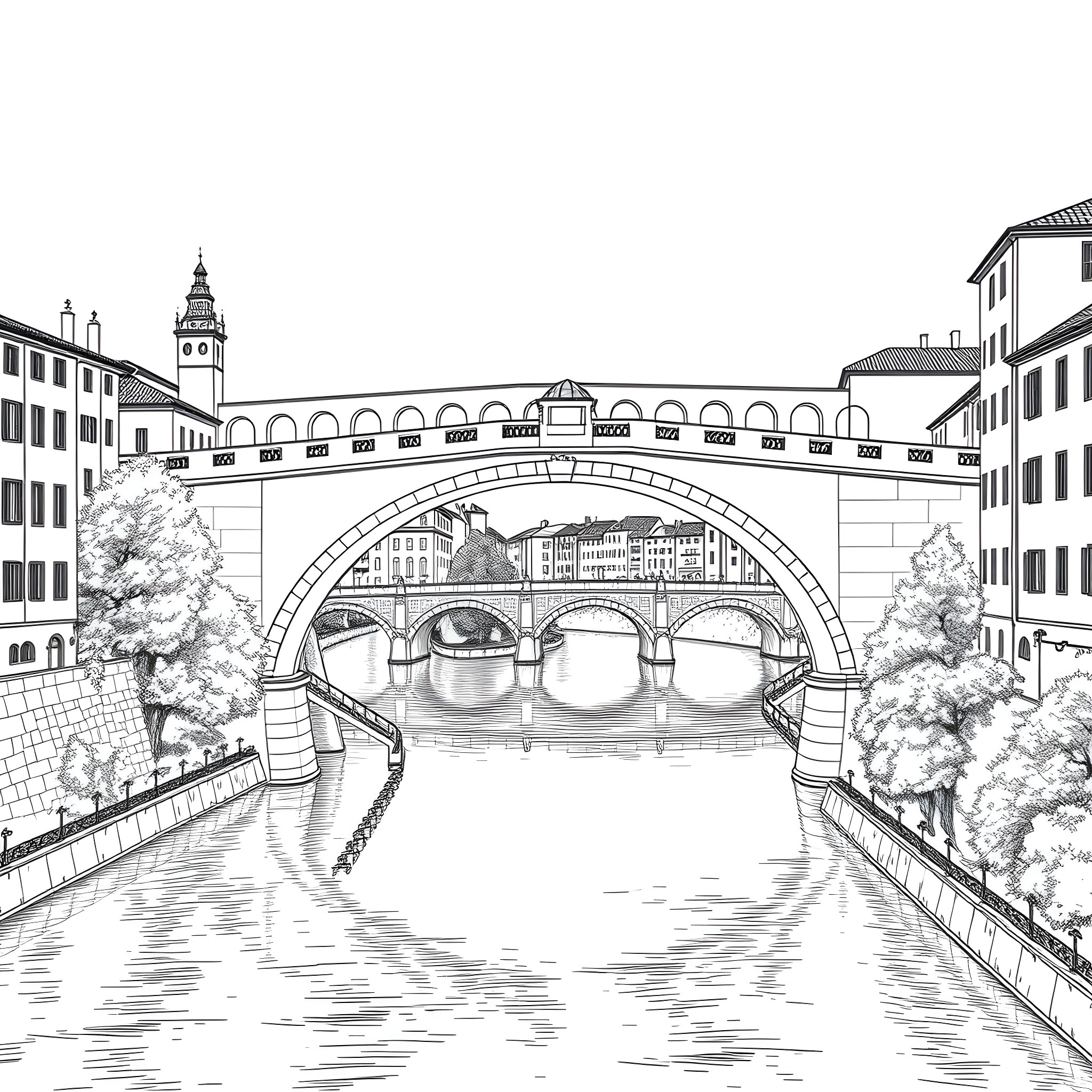 Pavia cityscape with historic architecture and bridges Coloring Page (free black-and-white line drawing printable PDF for all, from beginners to advanced learners, including children, teens, adults, and seniors)