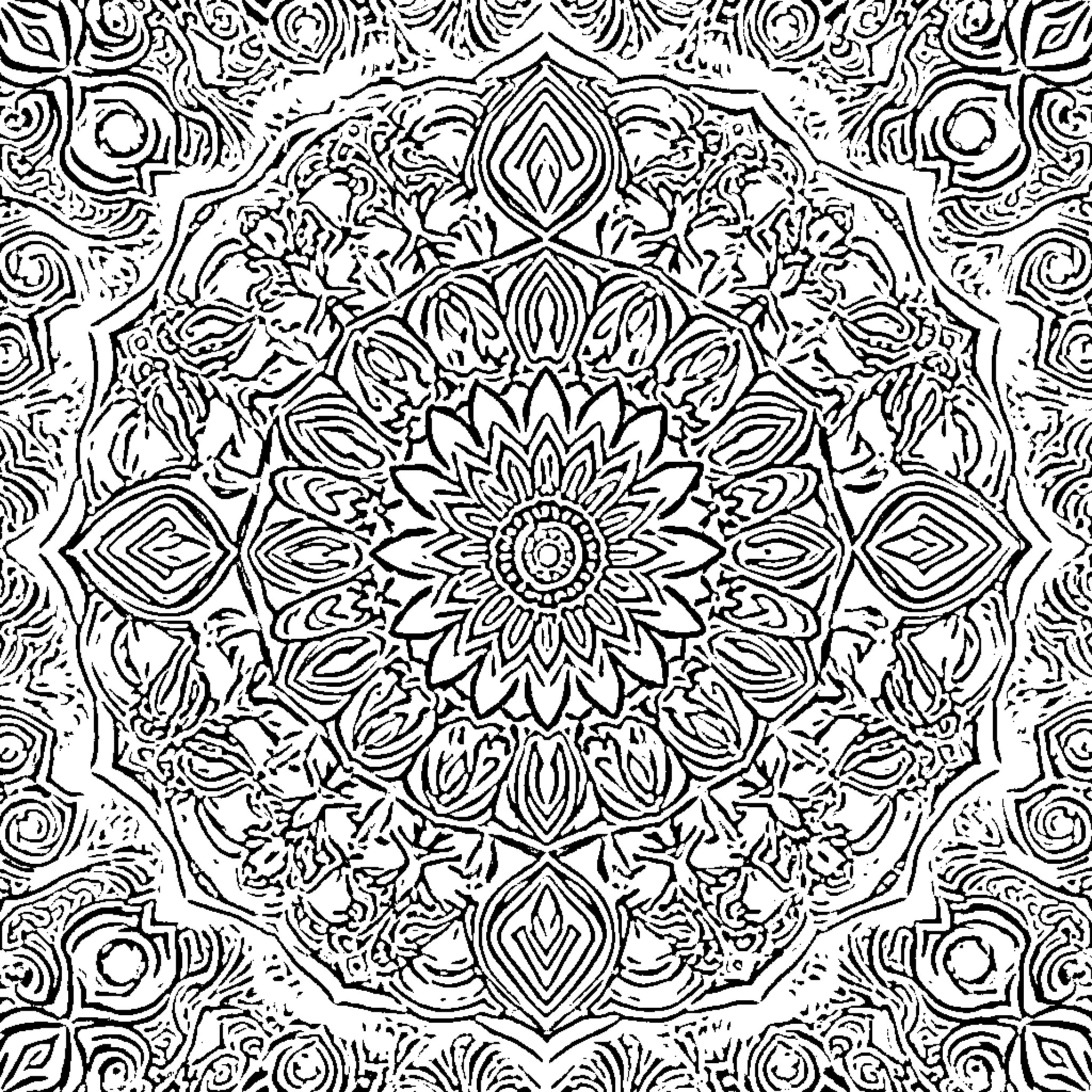 Mandala of intricate floral and geometric patterns Coloring Page (free black-and-white line drawing printable PDF for all, from beginners to advanced learners, including children, teens, adults, and seniors)