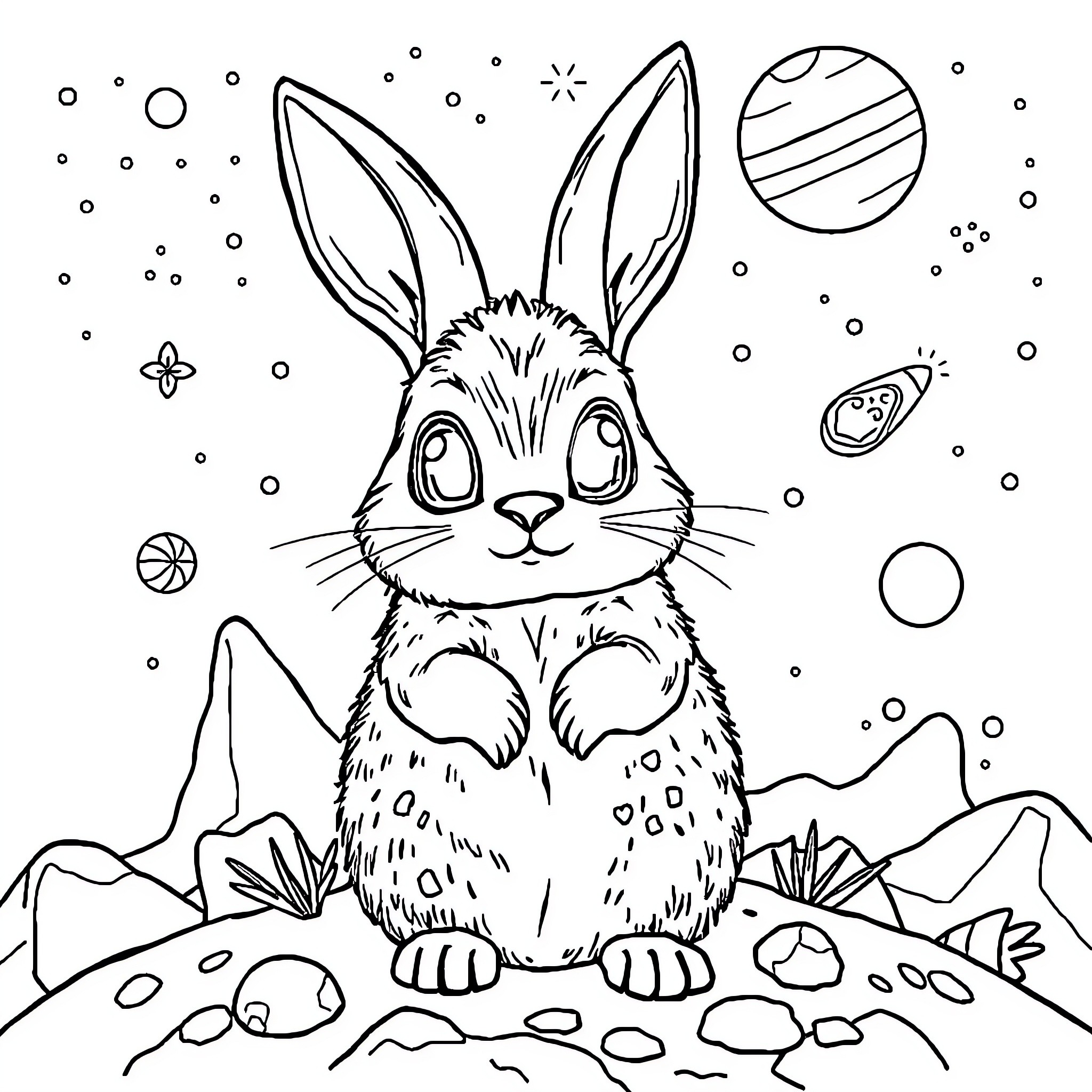 Conejo exploring the stars and planets Coloring Page (free black-and-white line drawing printable PDF for all, from beginners to advanced learners, including children, teens, adults, and seniors)