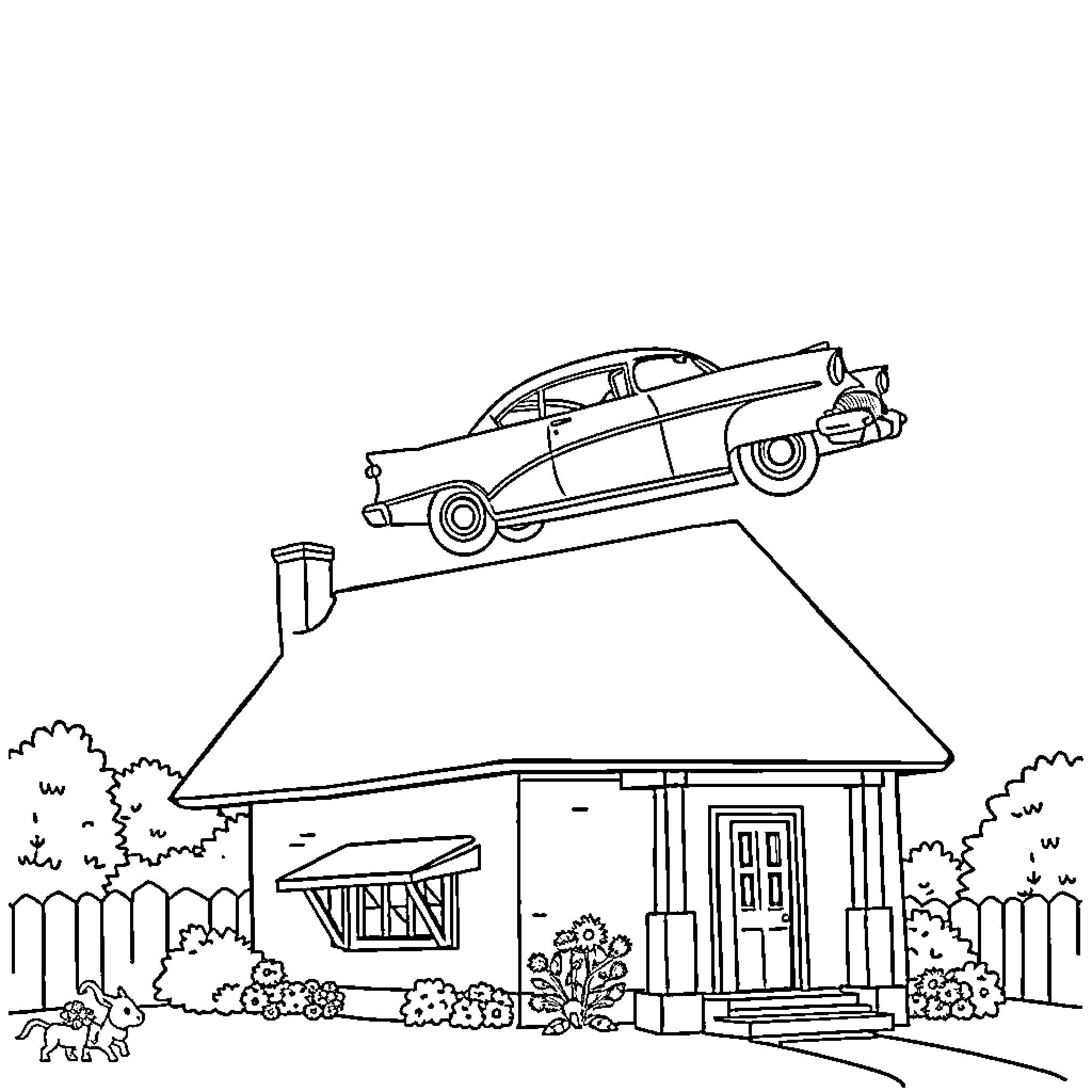 Buick car parked atop a house in the countryside Coloring Page (free black-and-white line drawing printable PDF for all, from beginners to advanced learners, including children, teens, adults, and seniors)