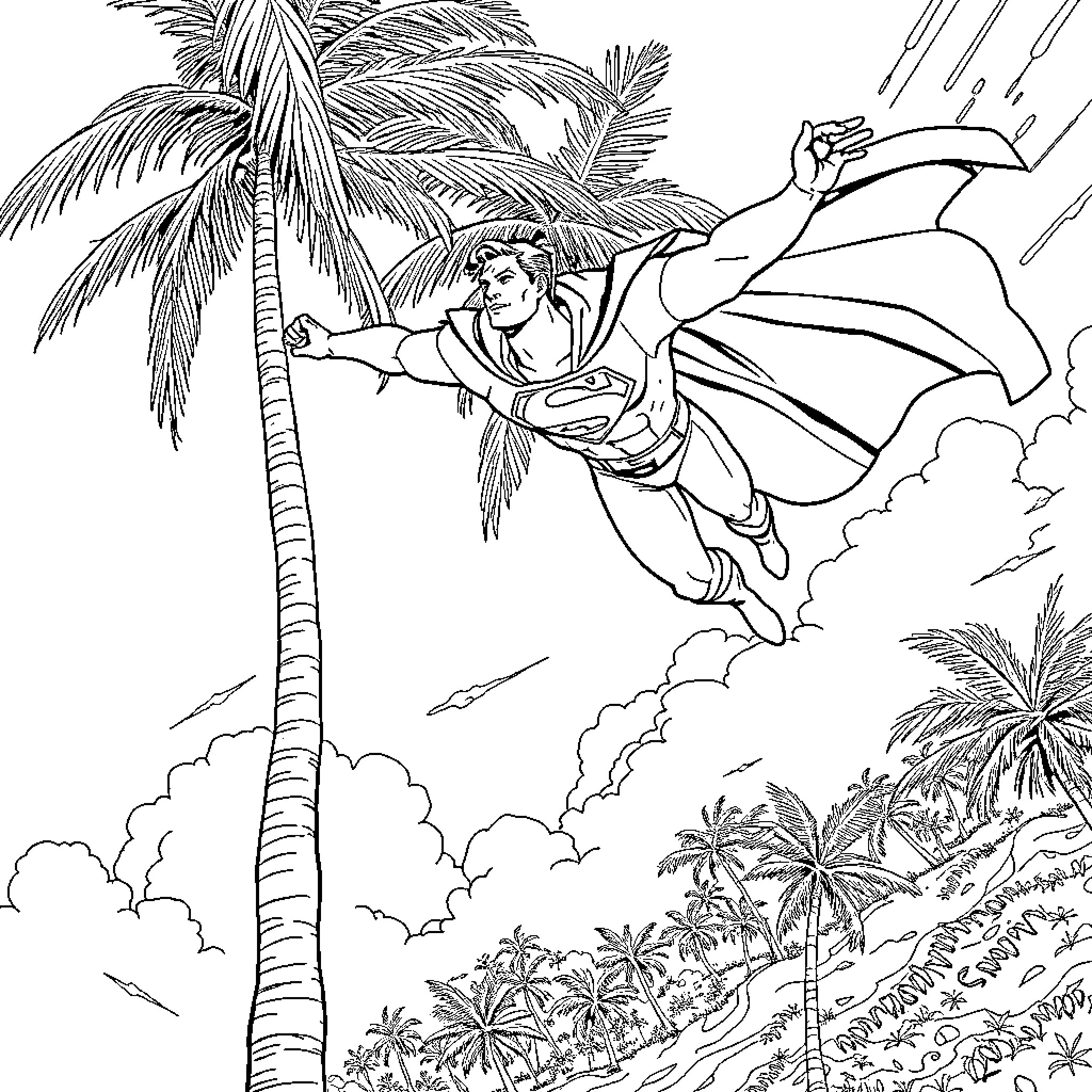Superman soaring heroically through the sky Coloring Page (free black-and-white line drawing printable PDF for all, from beginners to advanced learners, including children, teens, adults, and seniors)