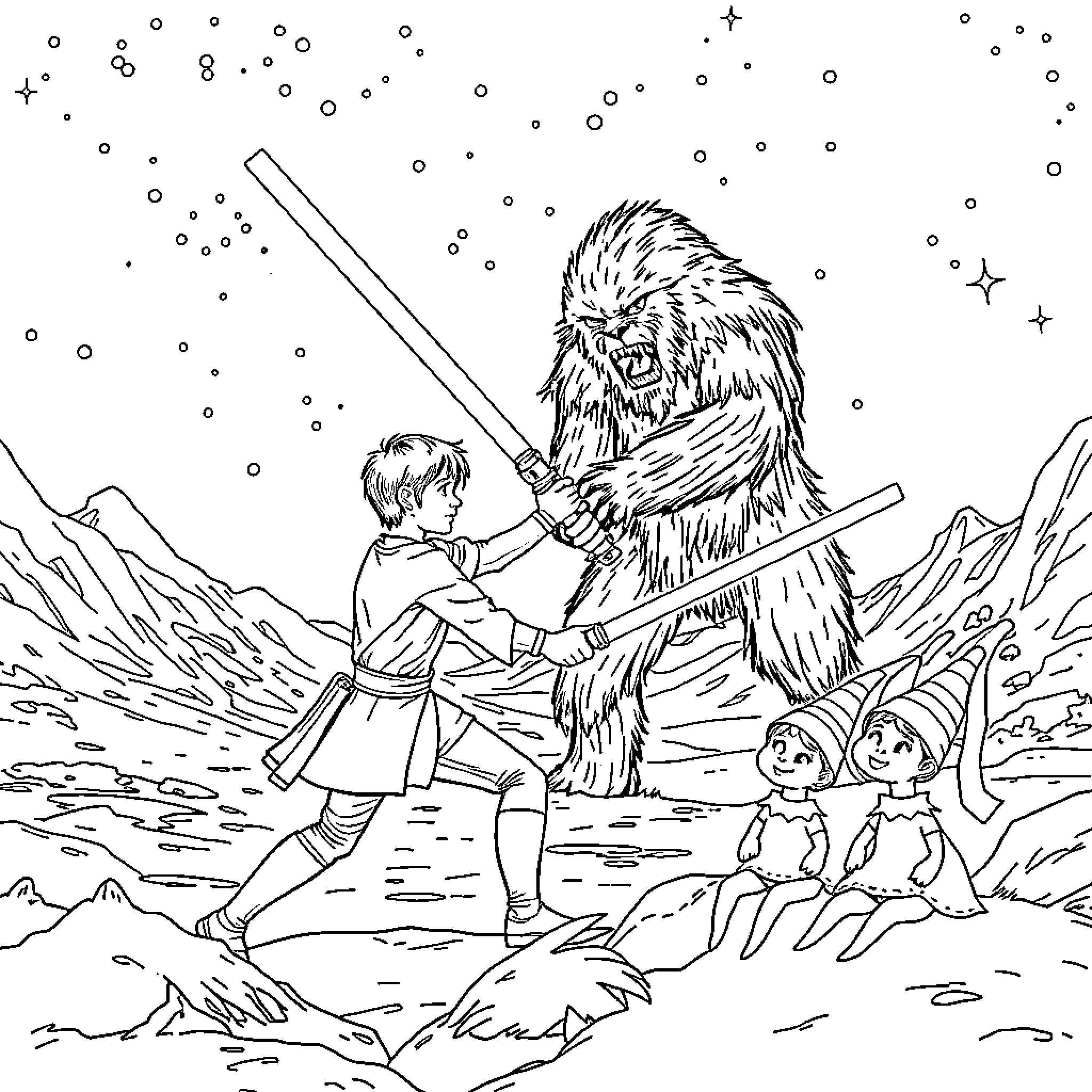 Luke Skywalker battles against a formidable Wookiee warrior Coloring Page (free black-and-white line drawing printable PDF for all, from beginners to advanced learners, including children, teens, adults, and seniors)