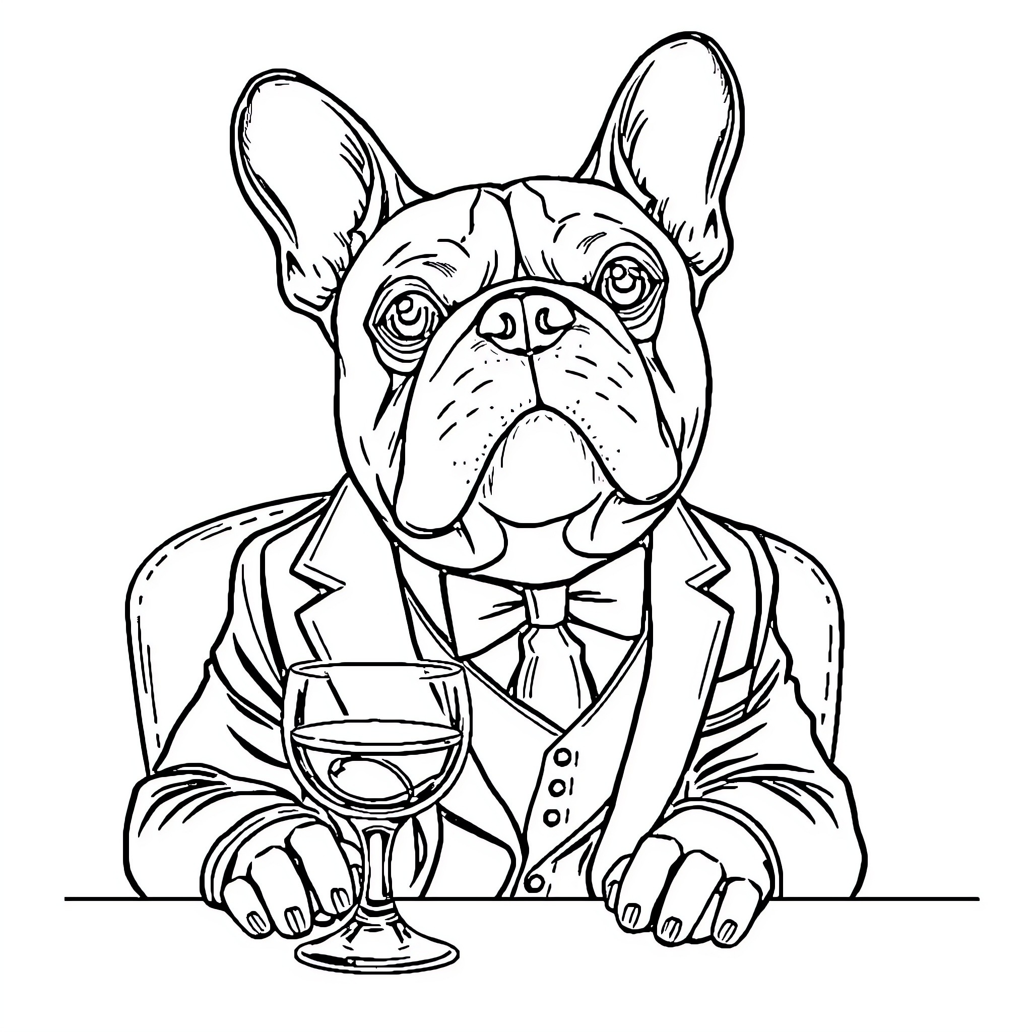 French Bulldog wearing a suit and enjoying a glass of wine Coloring Page (free black-and-white line drawing printable PDF for all, from beginners to advanced learners, including children, teens, adults, and seniors)
