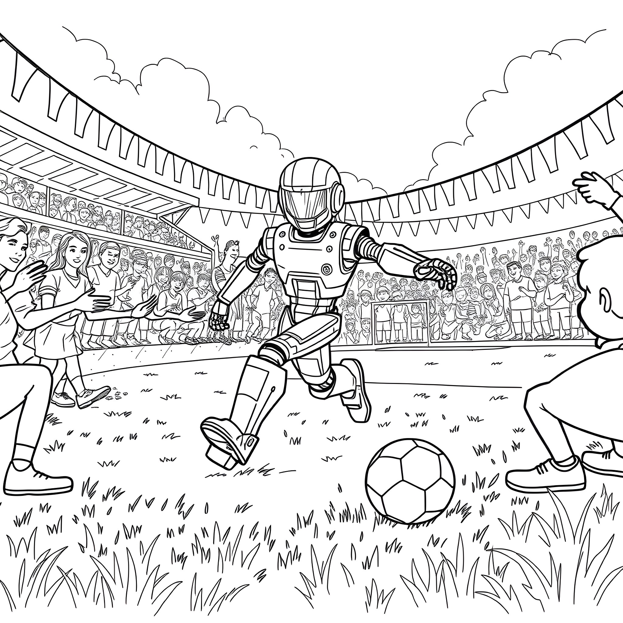 Robot Soccer Player Kicking Ball in Stadium Coloring Page (free black-and-white line drawing printable PDF for all, from beginners to advanced learners, including children, teens, adults, and seniors)