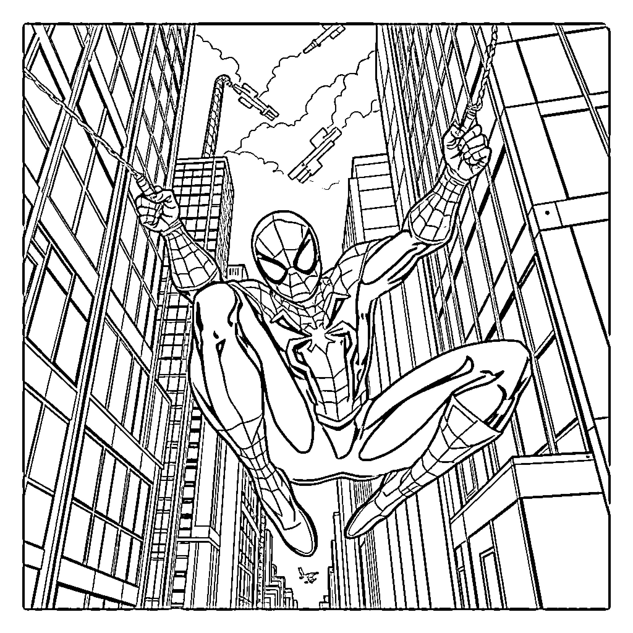 Spiderman swinging through skyscrapers in the city Coloring Page (free black-and-white line drawing printable PDF for all, from beginners to advanced learners, including children, teens, adults, and seniors)