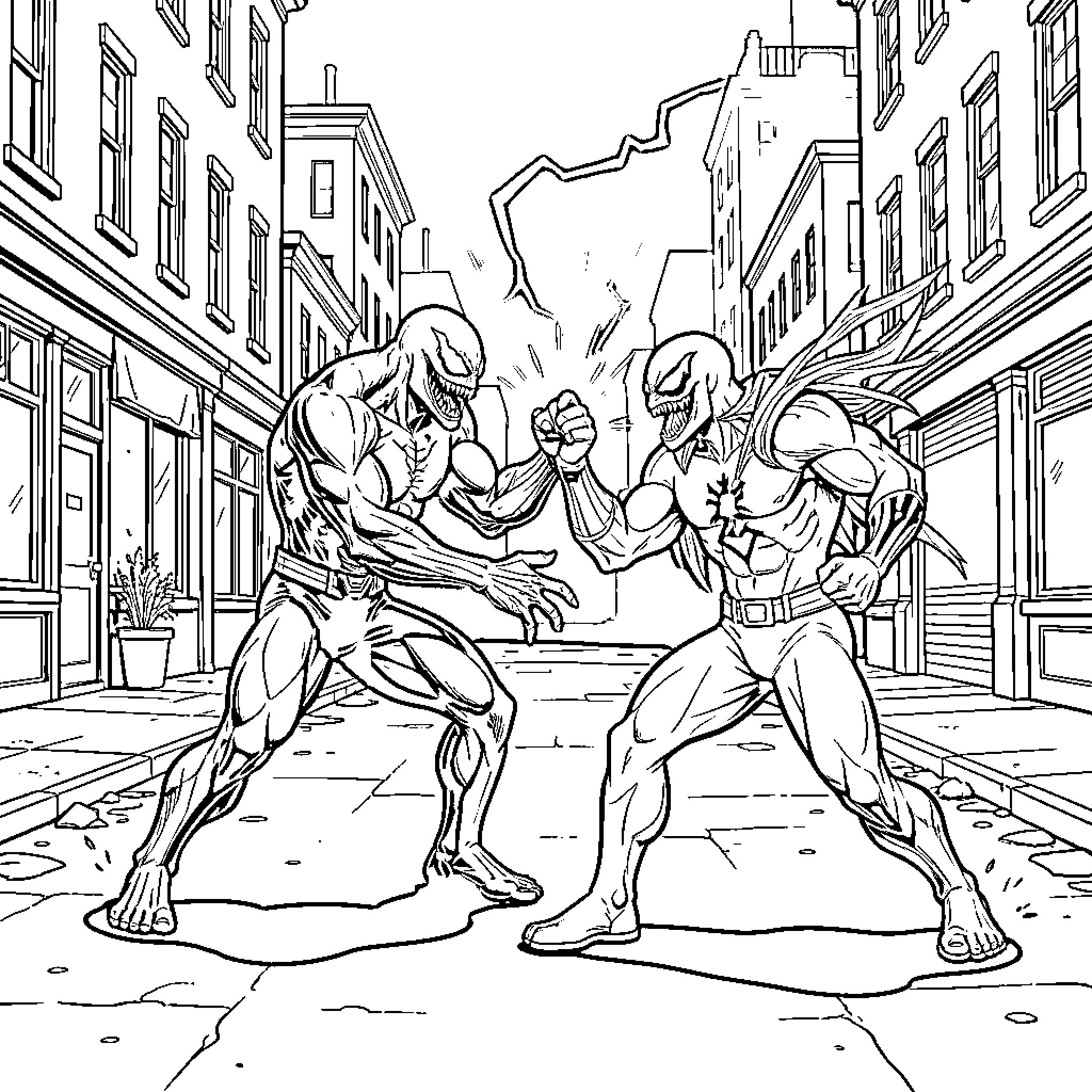Venom characters engaged in an intense street battle Coloring Page (free black-and-white line drawing printable PDF for all, from beginners to advanced learners, including children, teens, adults, and seniors)