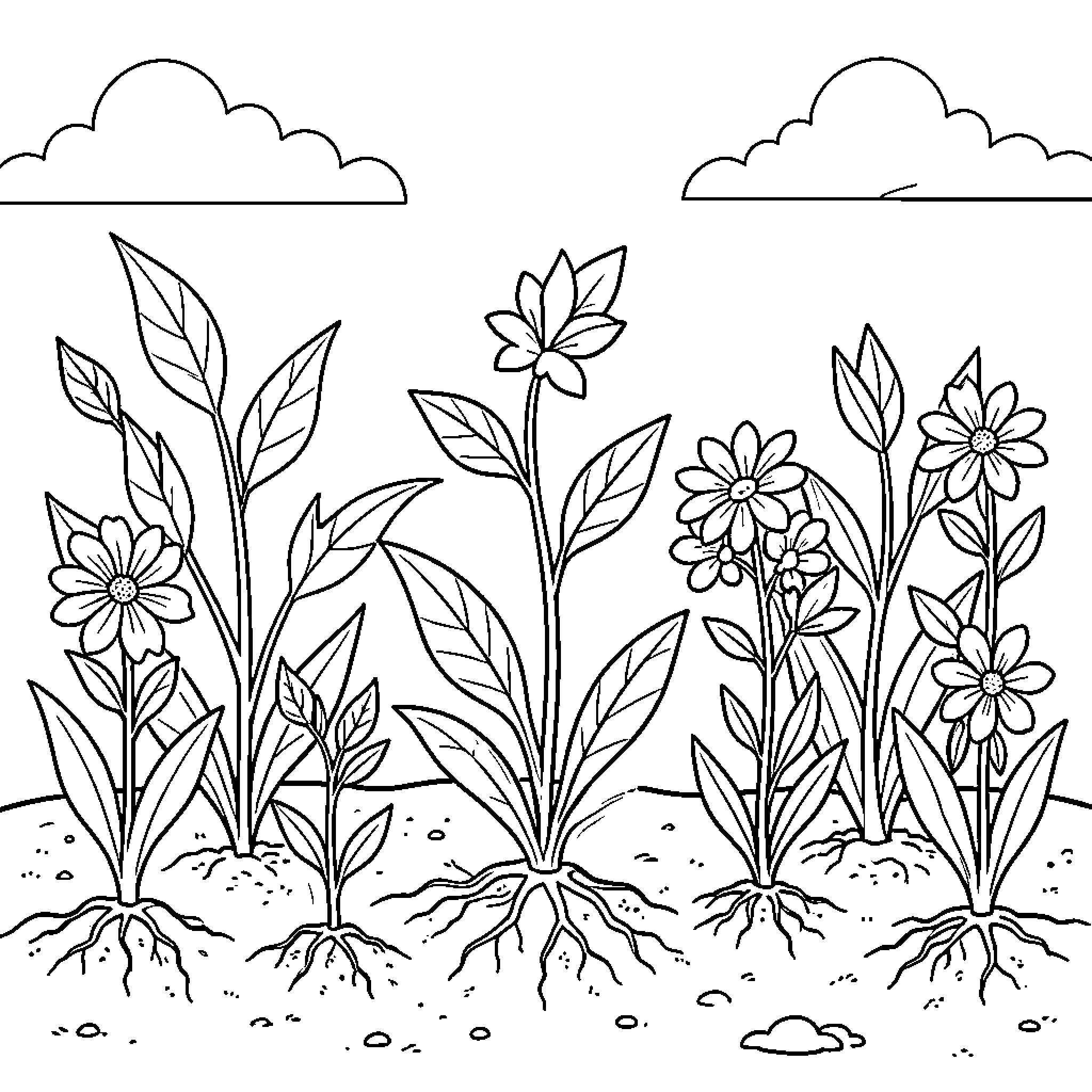 Growth of various flowers blooming from the soil Coloring Page (free black-and-white line drawing printable PDF for all, from beginners to advanced learners, including children, teens, adults, and seniors)