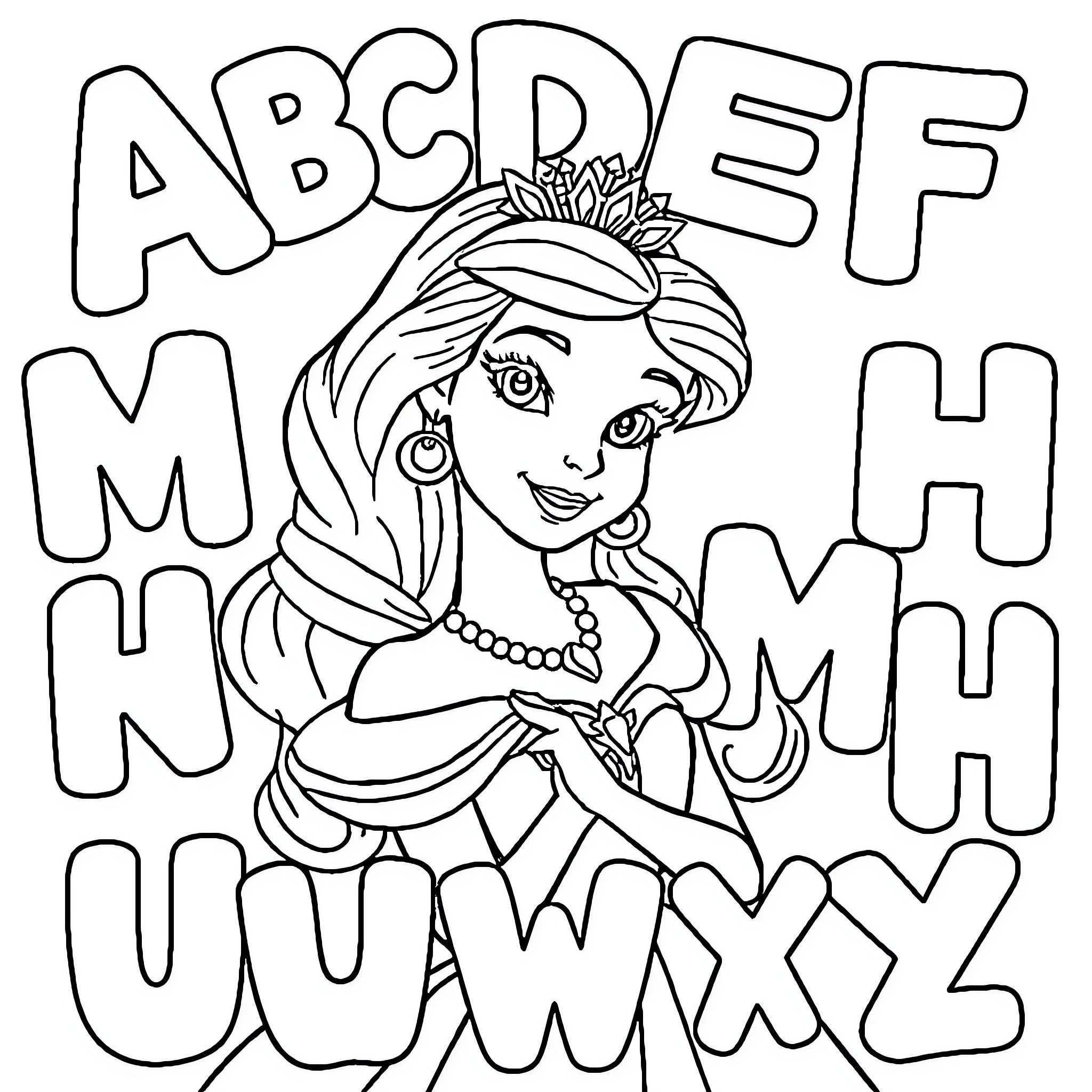 Disney Princess coloring page with alphabet letters Coloring Page (free black-and-white line drawing printable PDF for all, from beginners to advanced learners, including children, teens, adults, and seniors)