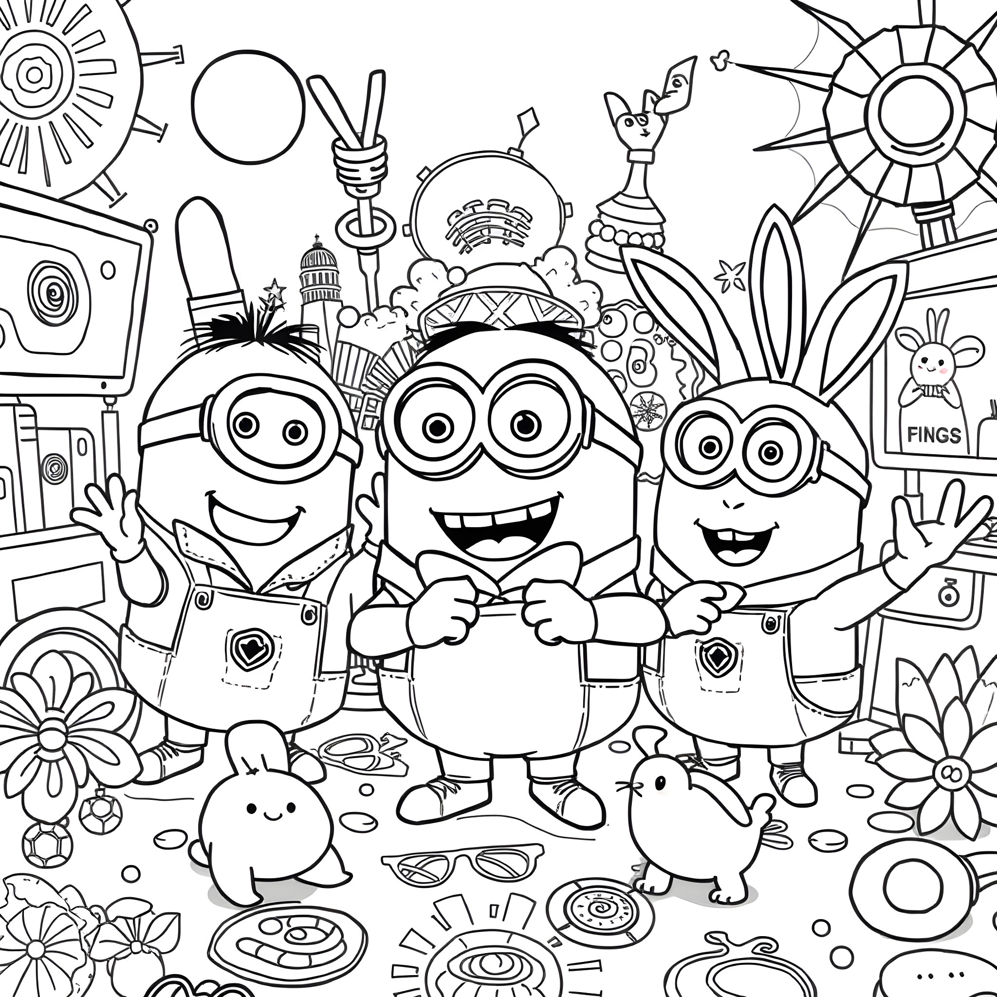 Minions enjoying a playful and vibrant scene Coloring Page (free black-and-white line drawing printable PDF for all, from beginners to advanced learners, including children, teens, adults, and seniors)