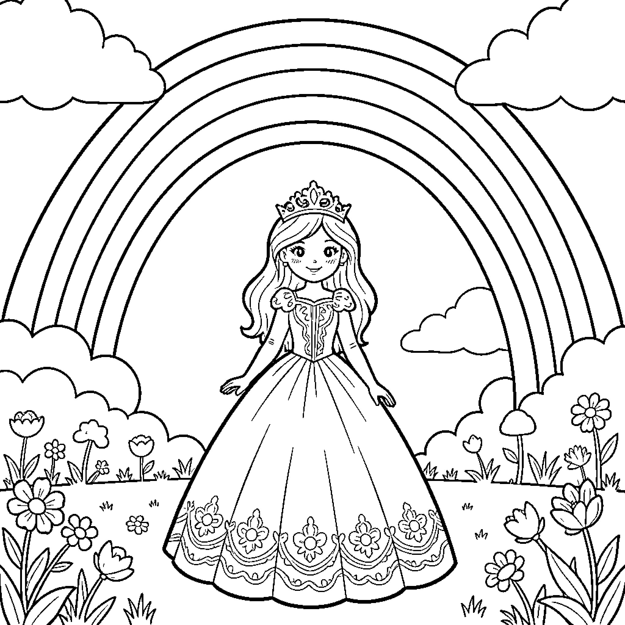 Rainbow Princess in a Magical Garden Coloring Page (free black-and-white line drawing printable PDF for all, from beginners to advanced learners, including children, teens, adults, and seniors)