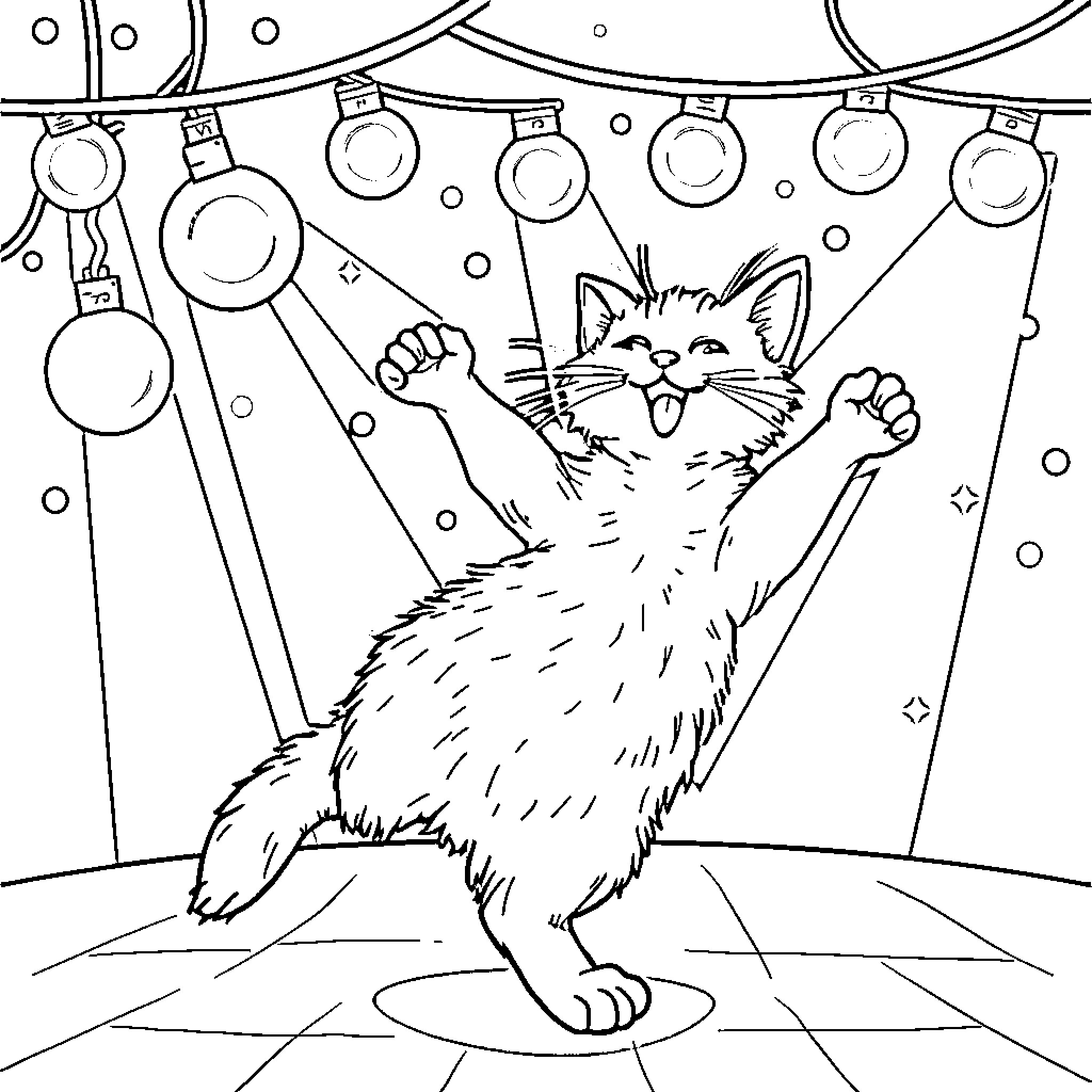 Cat enjoying holiday lights and decor Coloring Page (free black-and-white line drawing printable PDF for all, from beginners to advanced learners, including children, teens, adults, and seniors)