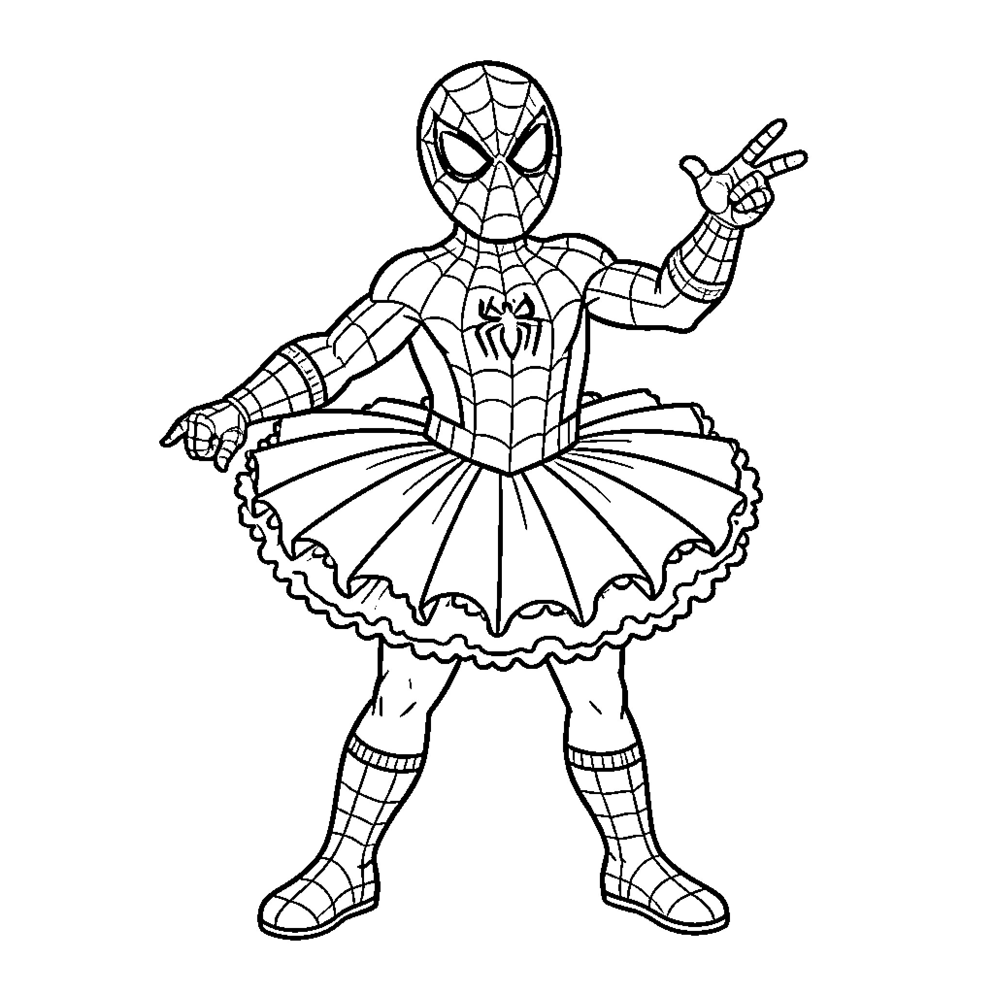 Spider-Man in Ballerina Costume Striking a Pose Coloring Page (free black-and-white line drawing printable PDF for all, from beginners to advanced learners, including children, teens, adults, and seniors)