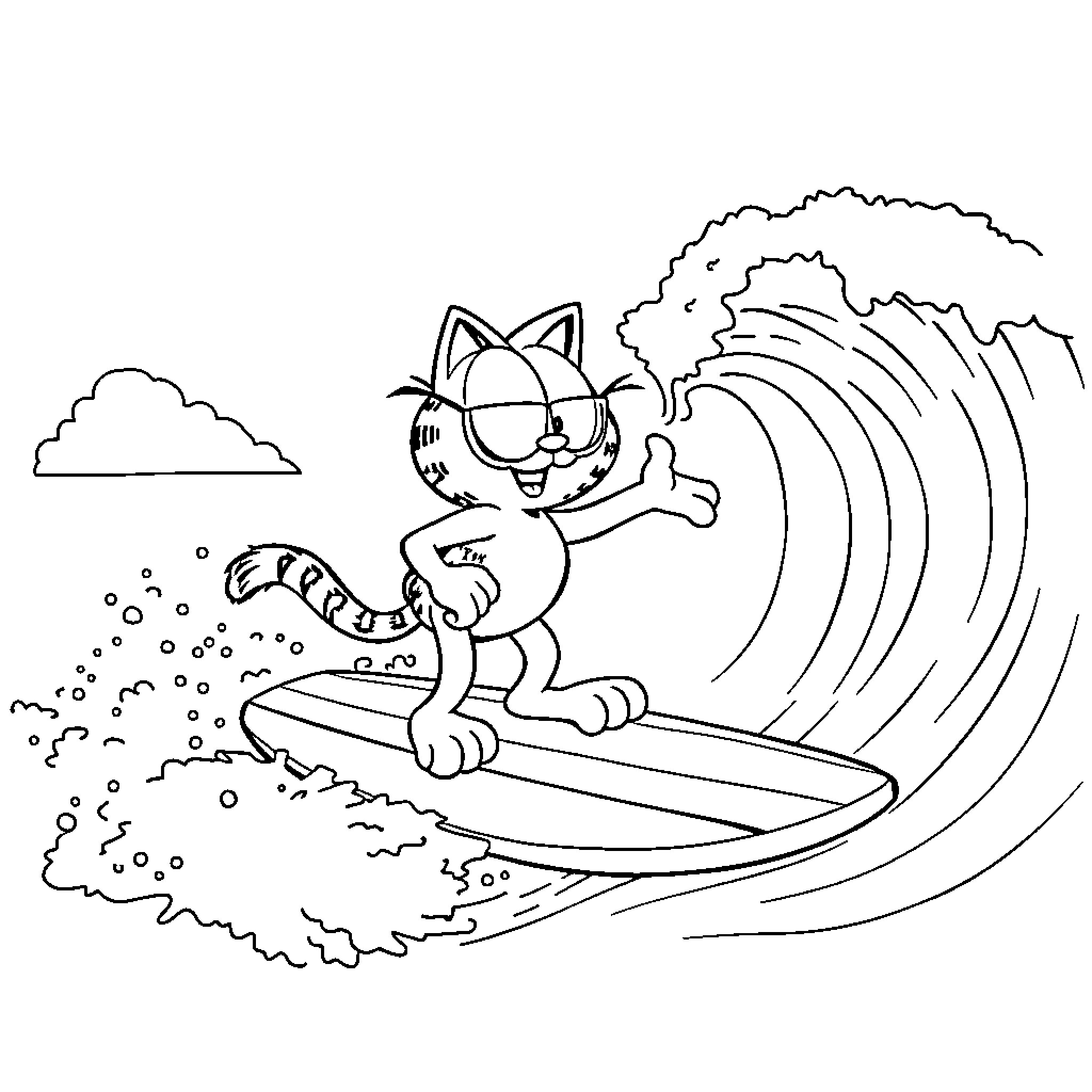 Garfield surfing on a giant wave Coloring Page (free black-and-white line drawing printable PDF for all, from beginners to advanced learners, including children, teens, adults, and seniors)