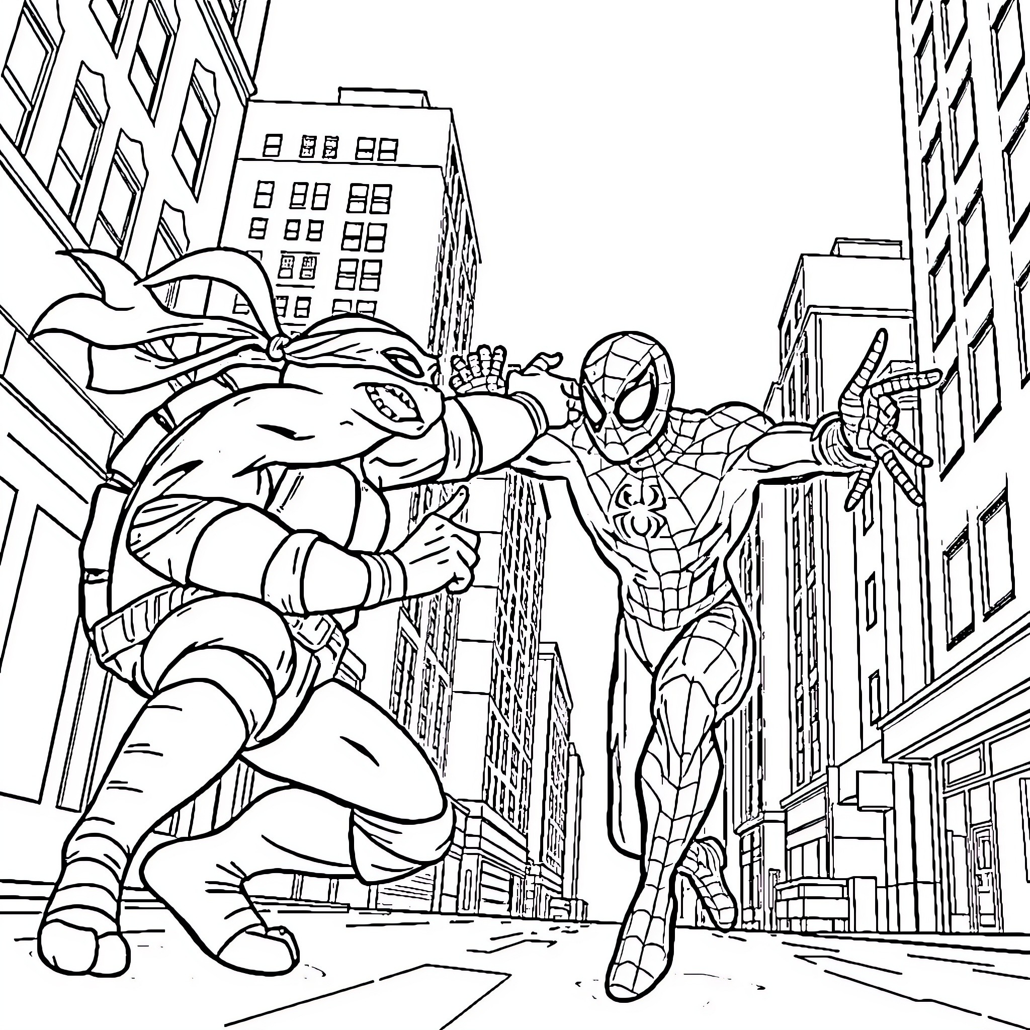 Ninja Turtles battle Spider-Man on a city street Coloring Page (free black-and-white line drawing printable PDF for all, from beginners to advanced learners, including children, teens, adults, and seniors)