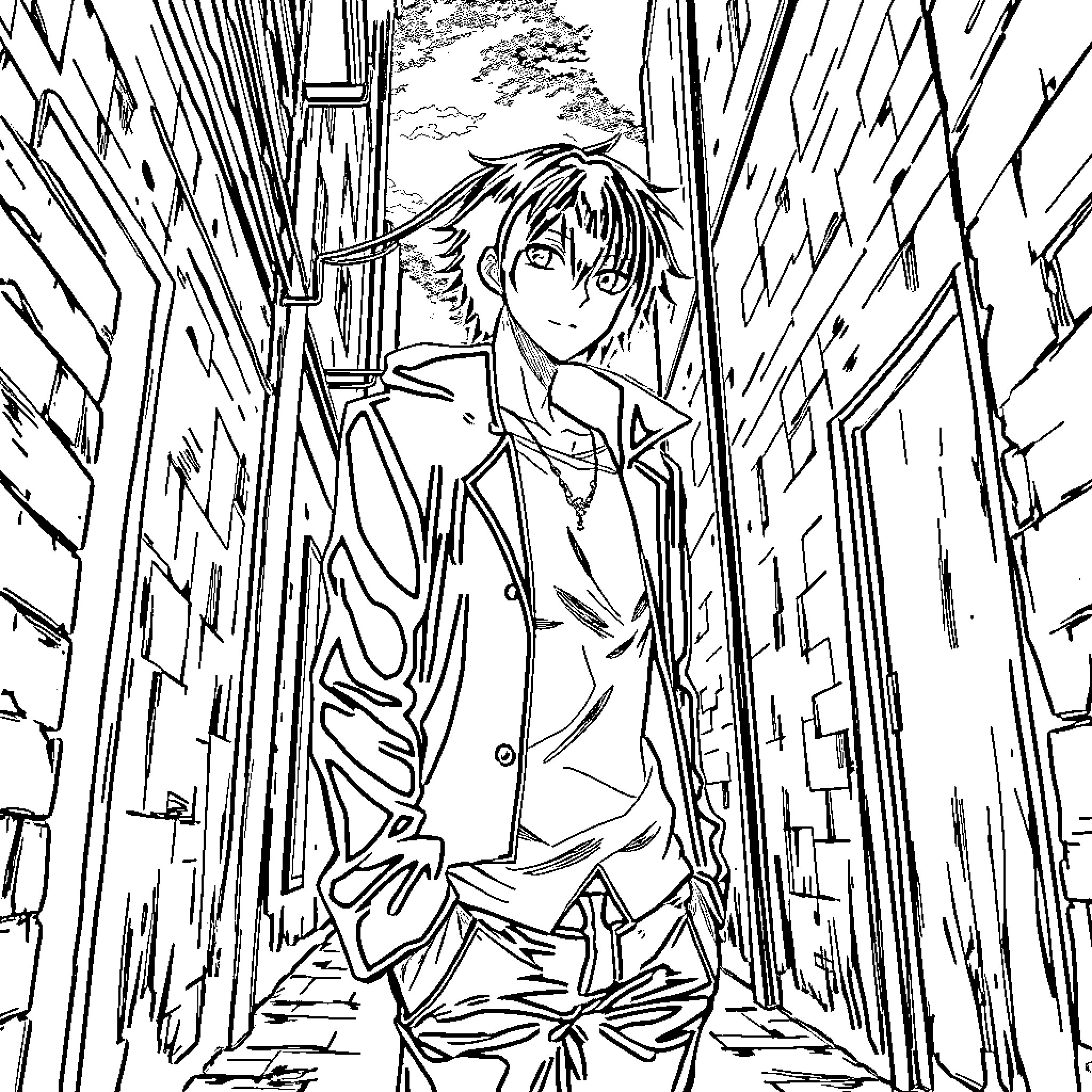 Kaneki explores the mysterious alleyways Coloring Page (free black-and-white line drawing printable PDF for all, from beginners to advanced learners, including children, teens, adults, and seniors)