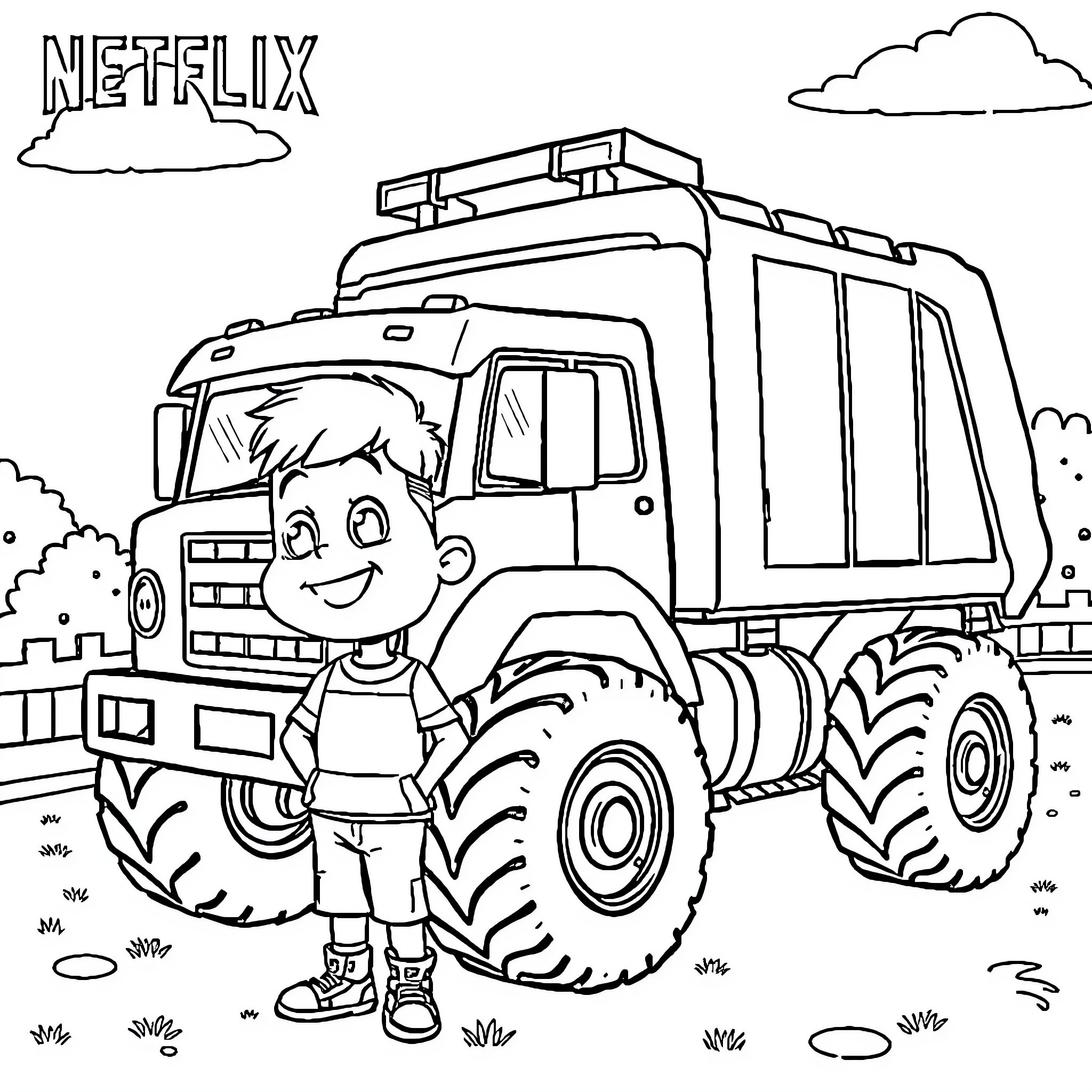 Trash Truck with a Smiling Boy Coloring Page (free black-and-white line drawing printable PDF for all, from beginners to advanced learners, including children, teens, adults, and seniors)