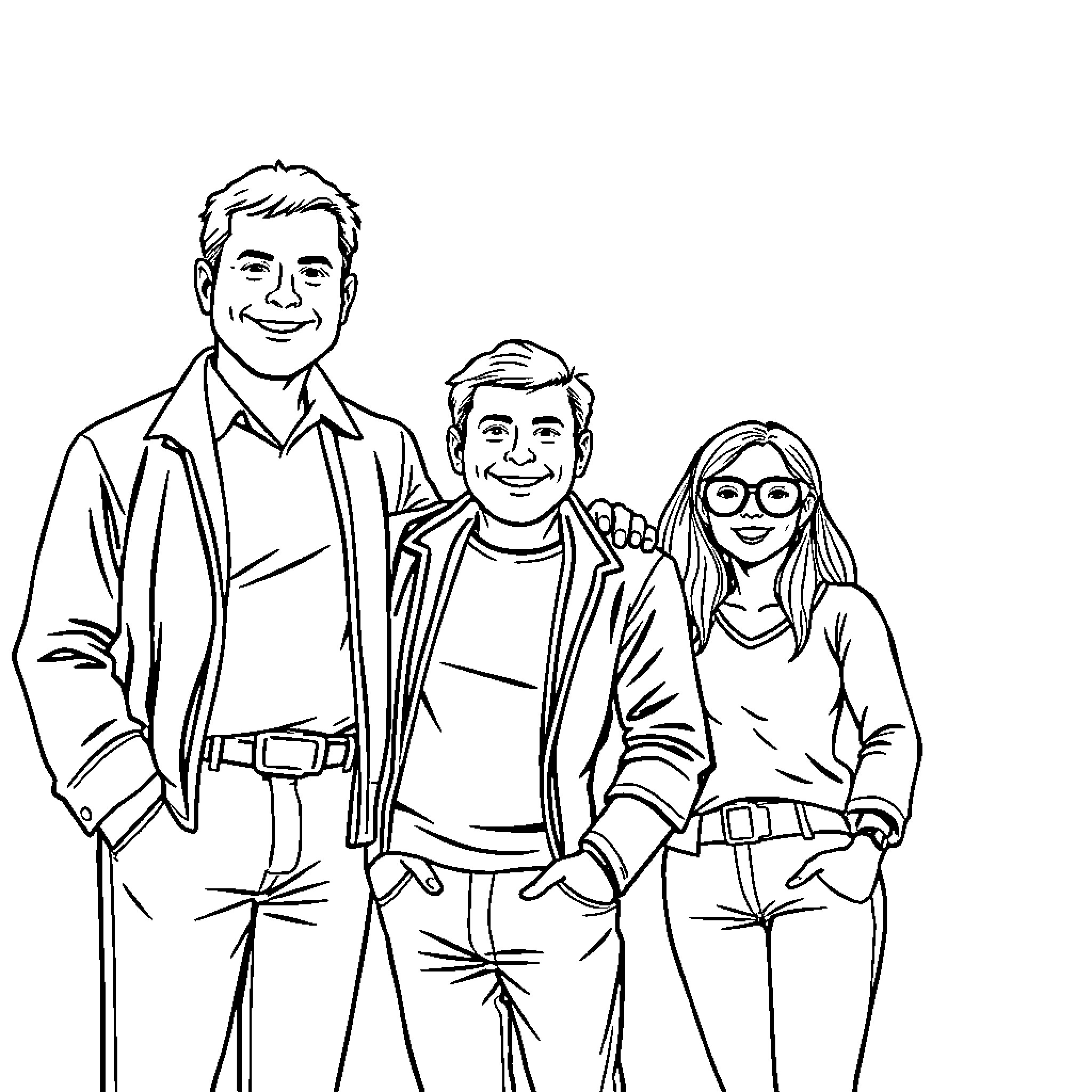 Person posing happily with family in casual attire Coloring Page (free black-and-white line drawing printable PDF for all, from beginners to advanced learners, including children, teens, adults, and seniors)