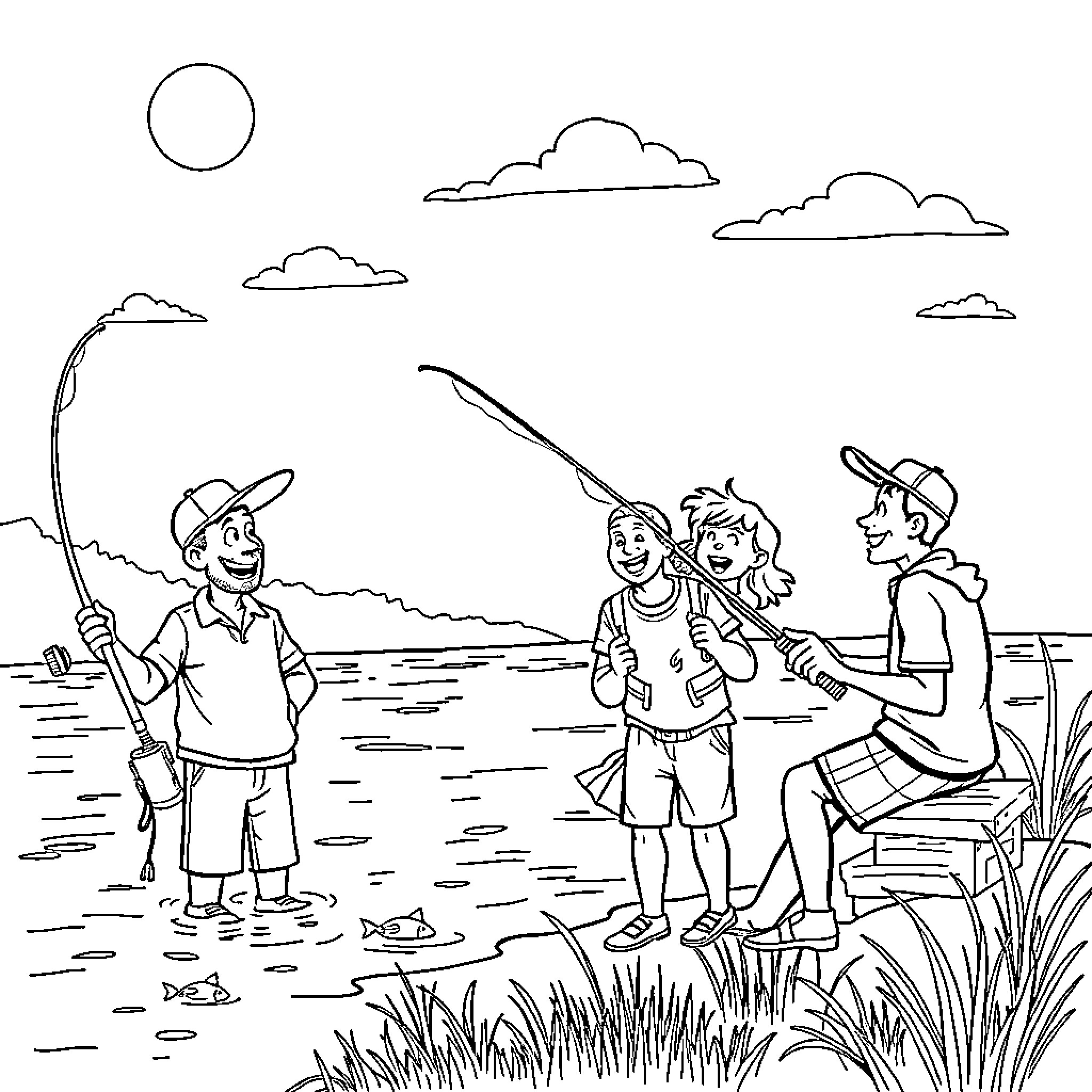 Fishing family enjoying outdoor activities by the lake Coloring Page (free black-and-white line drawing printable PDF for all, from beginners to advanced learners, including children, teens, adults, and seniors)