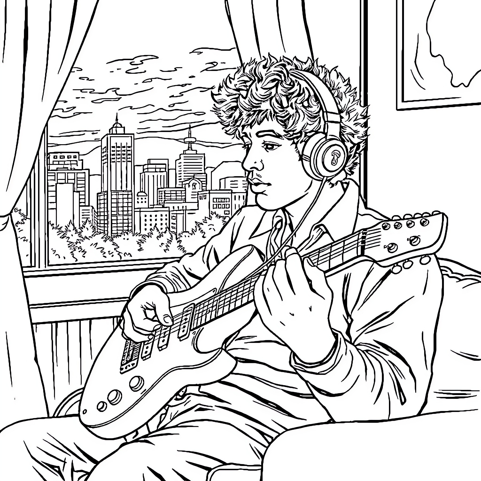 Earphones musician playing guitar overlooking city skyline Coloring Page (free black-and-white line drawing printable PDF for all, from beginners to advanced learners, including children, teens, adults, and seniors)