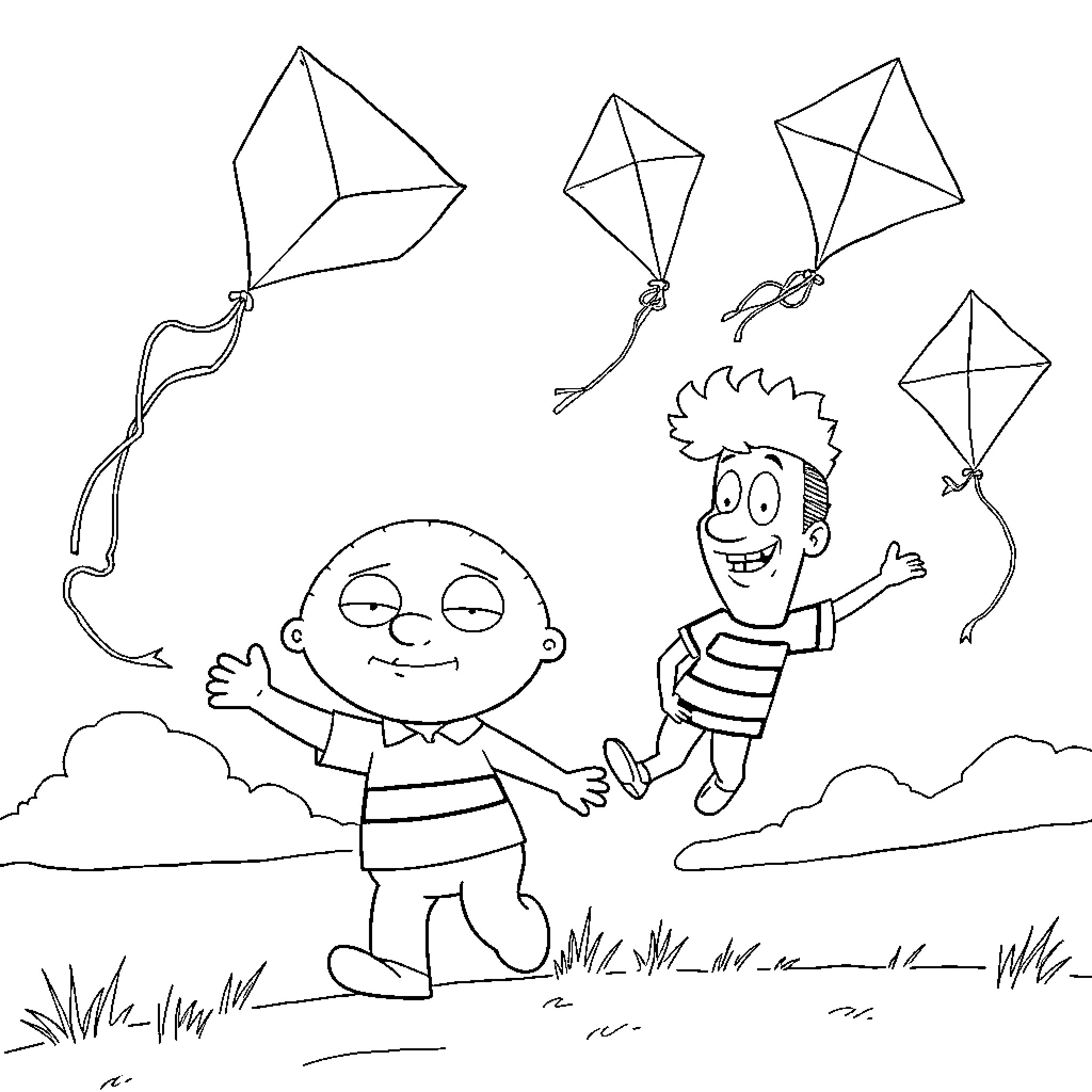 Stewie and Pal Fly Kites Outside Coloring Page (free black-and-white line drawing printable PDF for all, from beginners to advanced learners, including children, teens, adults, and seniors)