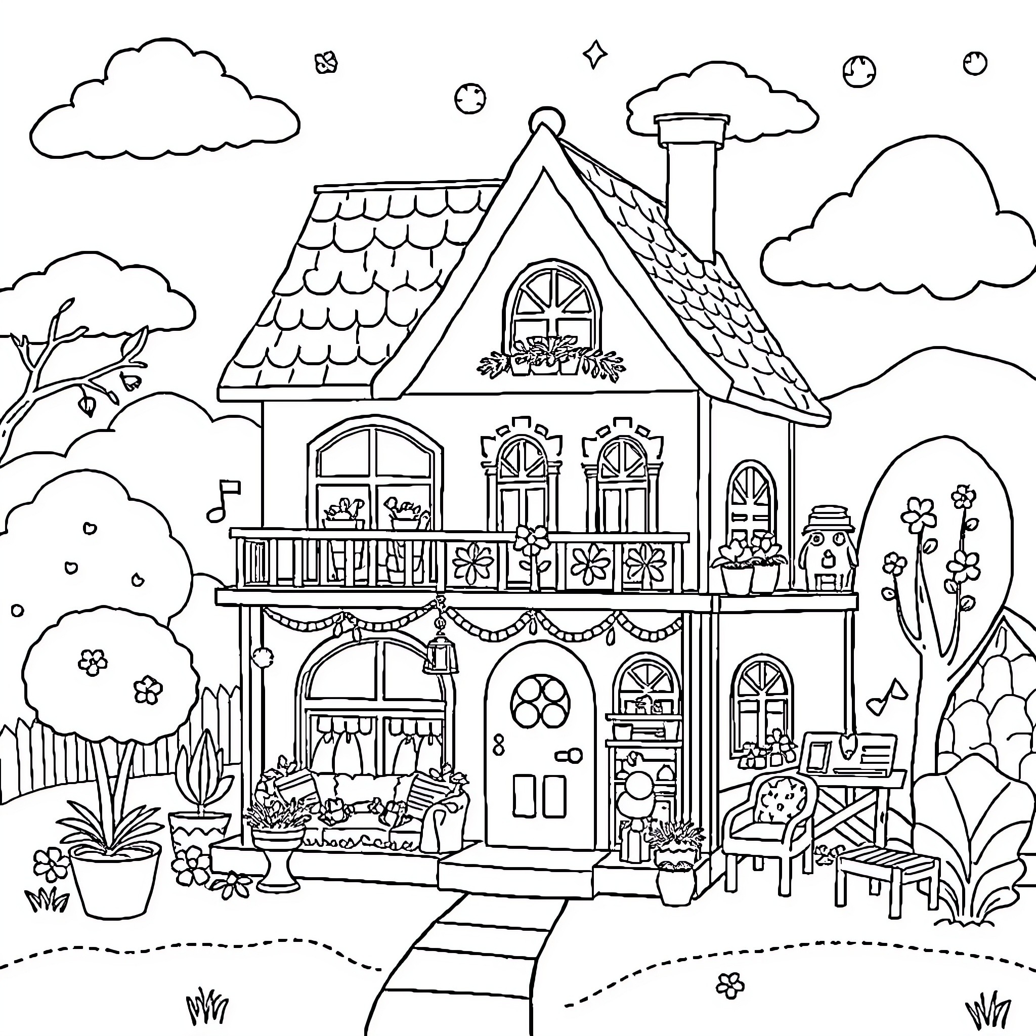 Gabby's Cozy Cottage in the Garden Coloring Page (free black-and-white line drawing printable PDF for all, from beginners to advanced learners, including children, teens, adults, and seniors)