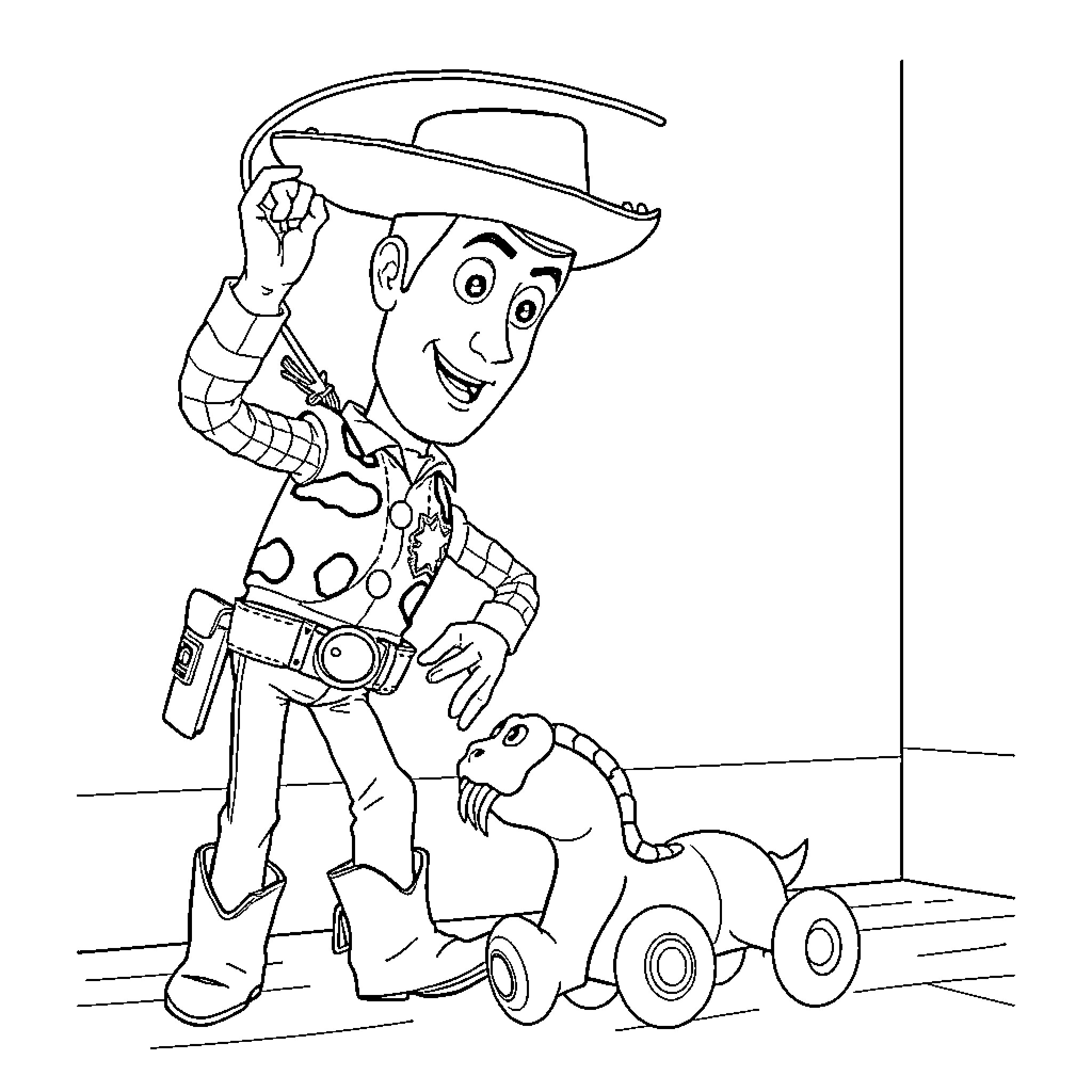 Woody's Cowboy Adventure with Trusty Steed Coloring Page (free black-and-white line drawing printable PDF for all, from beginners to advanced learners, including children, teens, adults, and seniors)