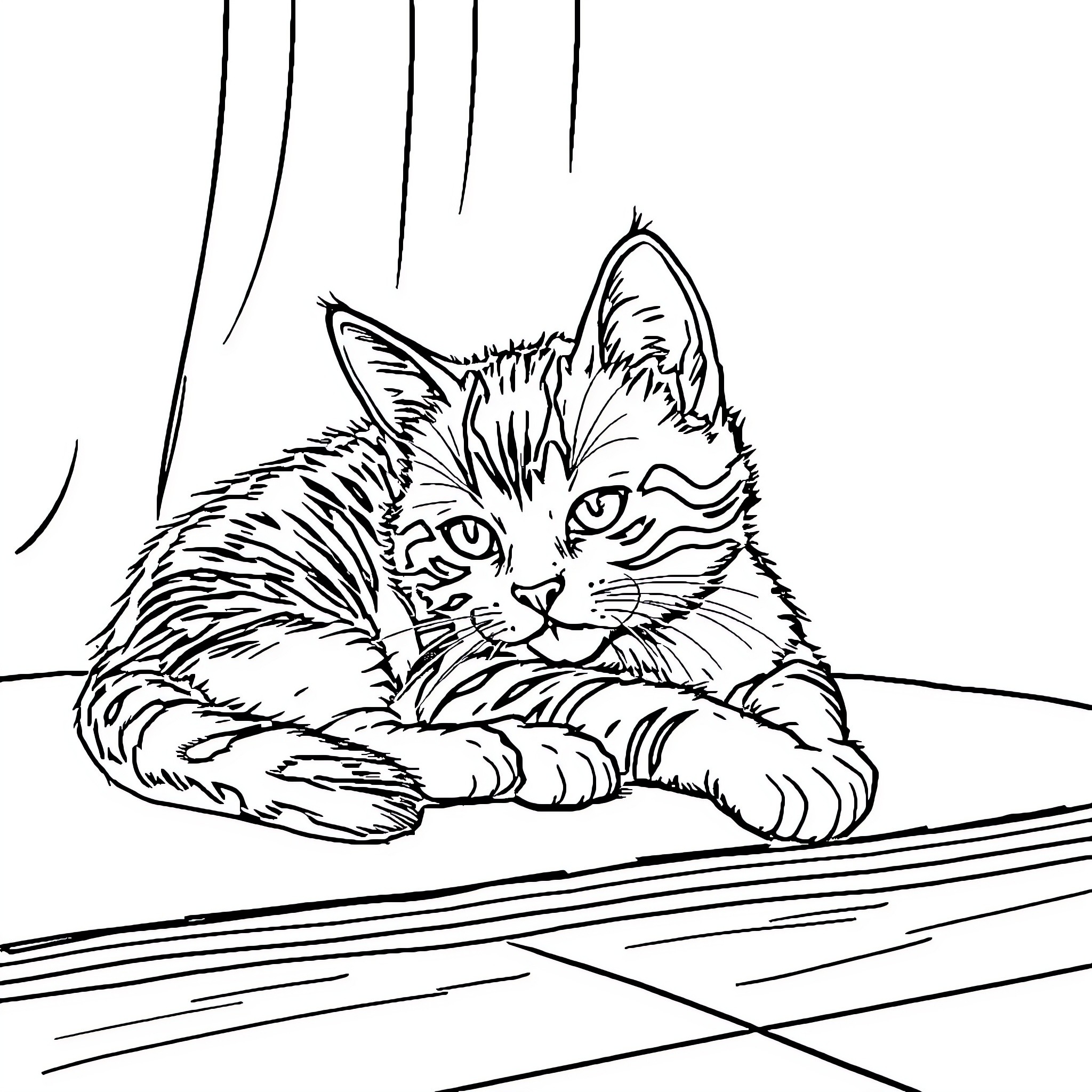 Cat resting on wooden surface Coloring Page (free black-and-white line drawing printable PDF for all, from beginners to advanced learners, including children, teens, adults, and seniors)