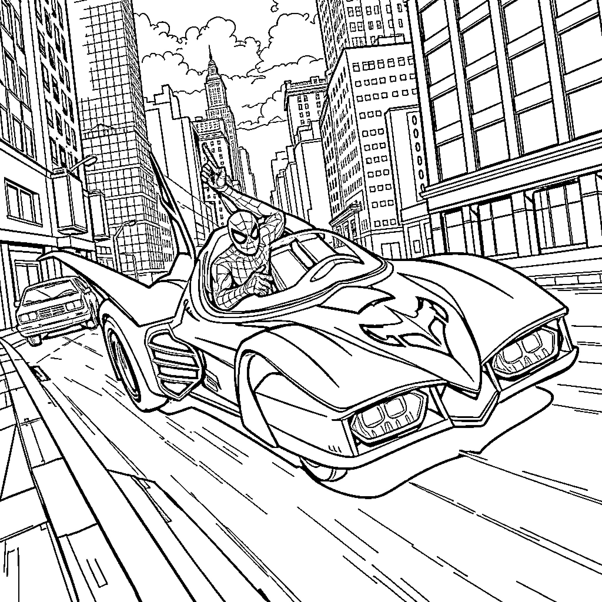 Spiderman racing through the city in a high-tech vehicle Coloring Page (free black-and-white line drawing printable PDF for all, from beginners to advanced learners, including children, teens, adults, and seniors)