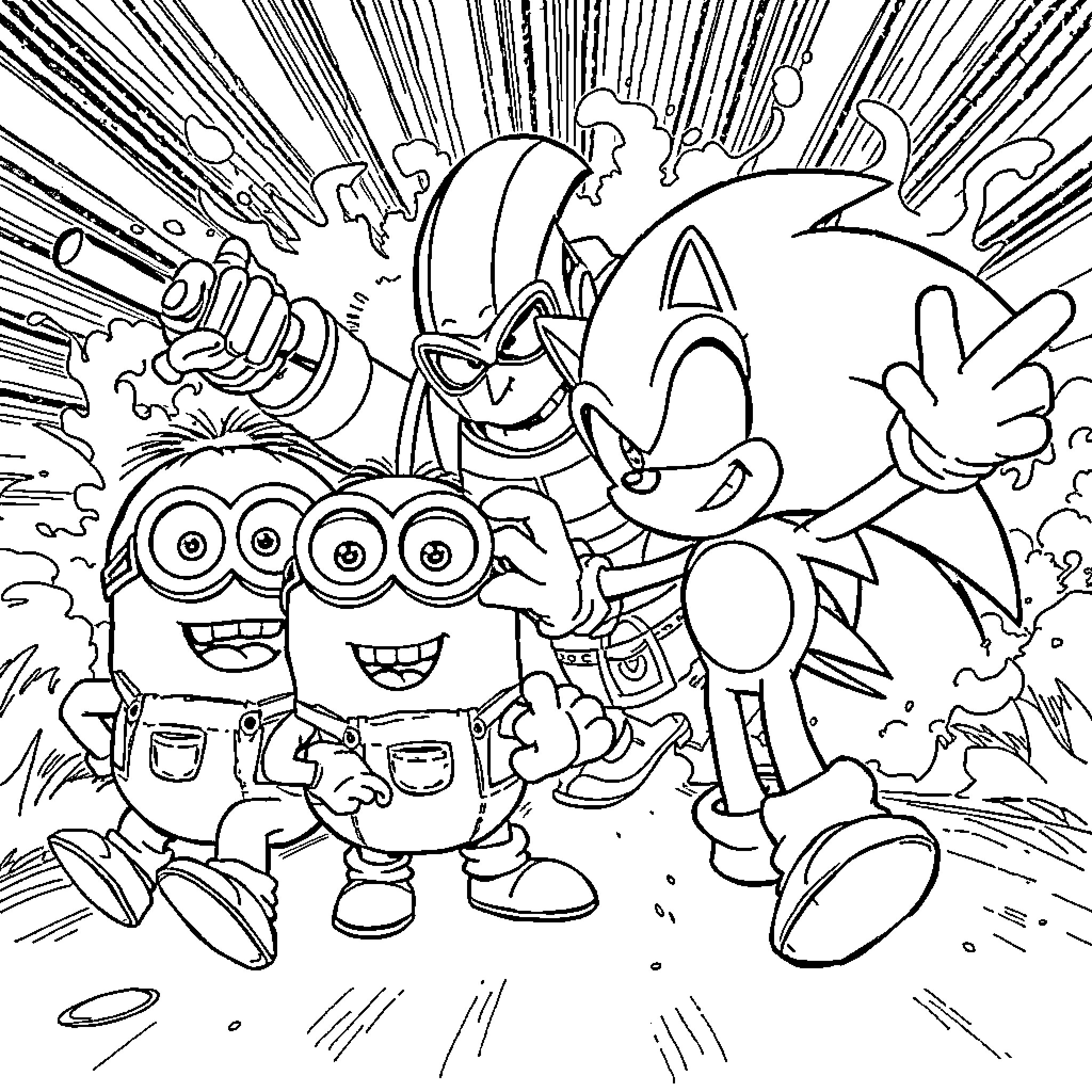 Minions and Sonic the Hedgehog in action-packed adventure Coloring Page (free black-and-white line drawing printable PDF for all, from beginners to advanced learners, including children, teens, adults, and seniors)