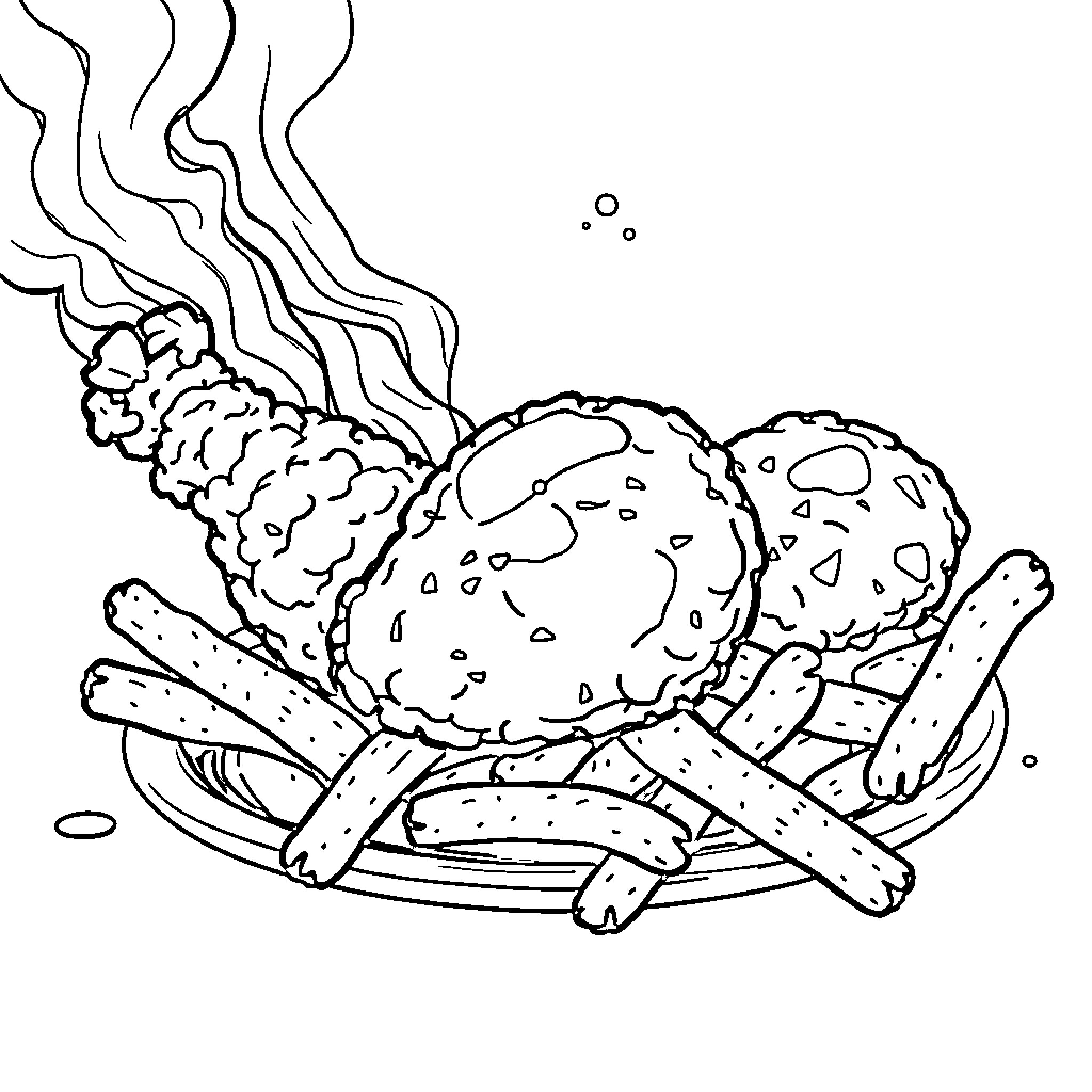 Chicken Tenders Frying in Oil Coloring Page (free black-and-white line drawing printable PDF for all, from beginners to advanced learners, including children, teens, adults, and seniors)