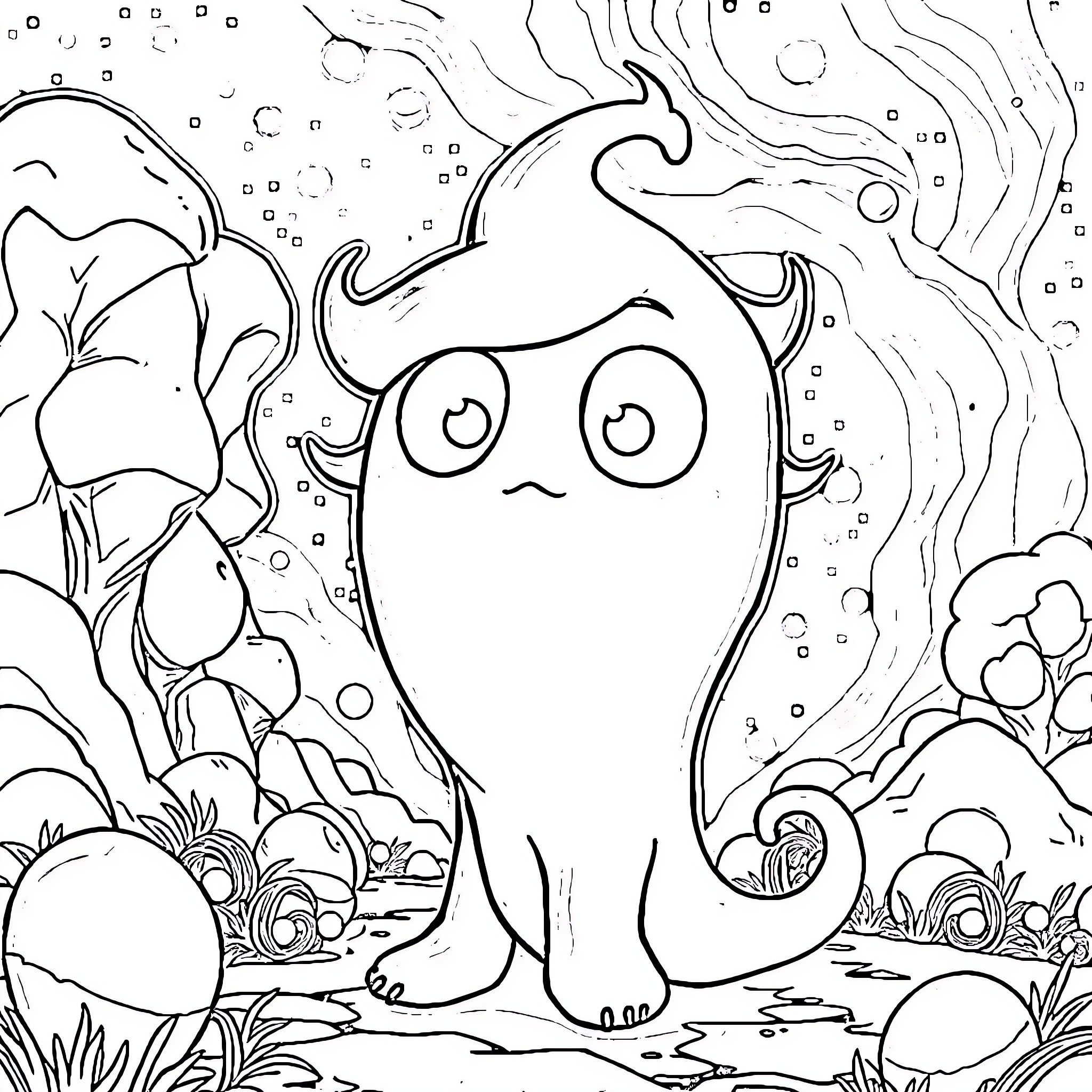 Rimuru in the magical forest landscape Coloring Page (free black-and-white line drawing printable PDF for all, from beginners to advanced learners, including children, teens, adults, and seniors)