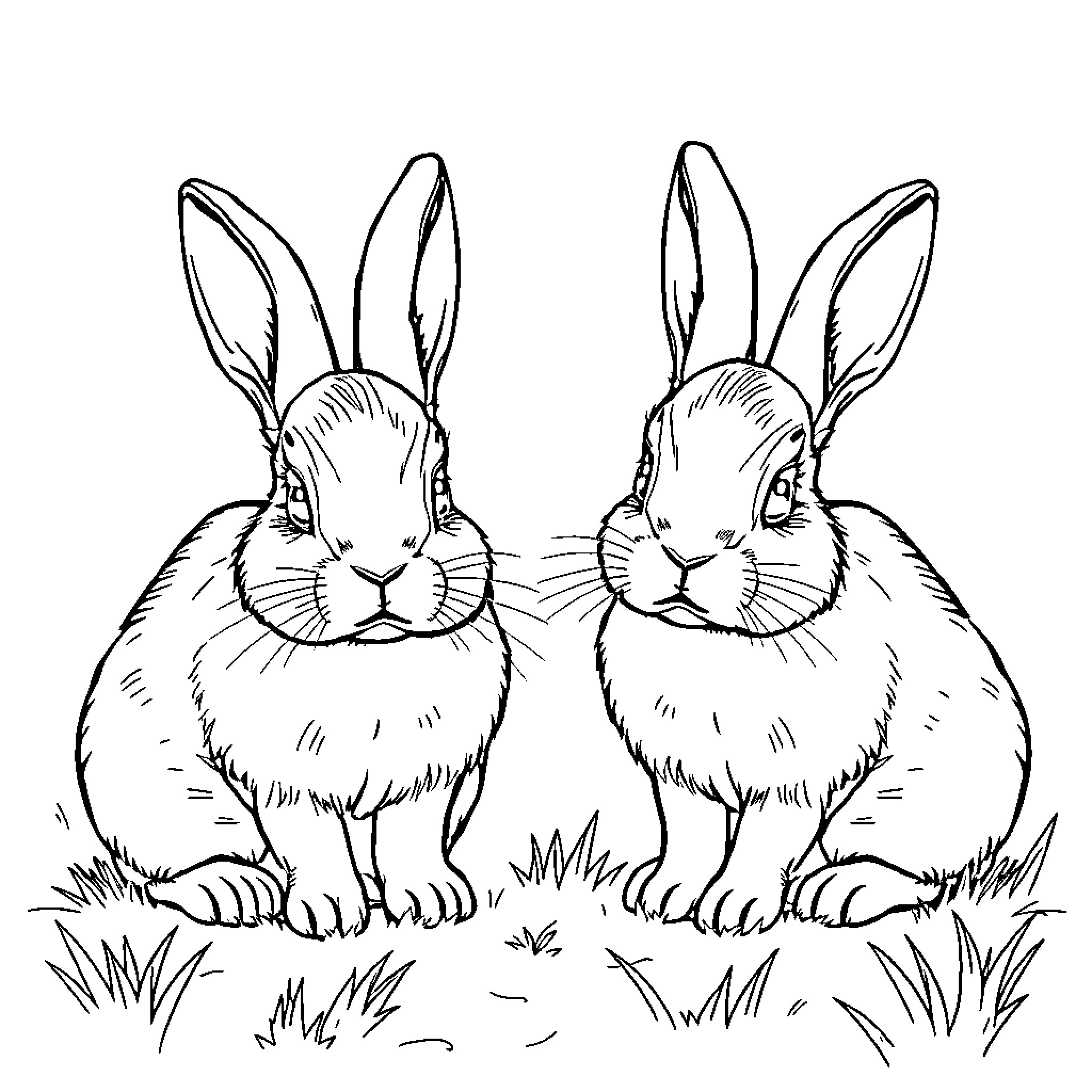 Rabbit duo resting in the grass Coloring Page (free black-and-white line drawing printable PDF for all, from beginners to advanced learners, including children, teens, adults, and seniors)