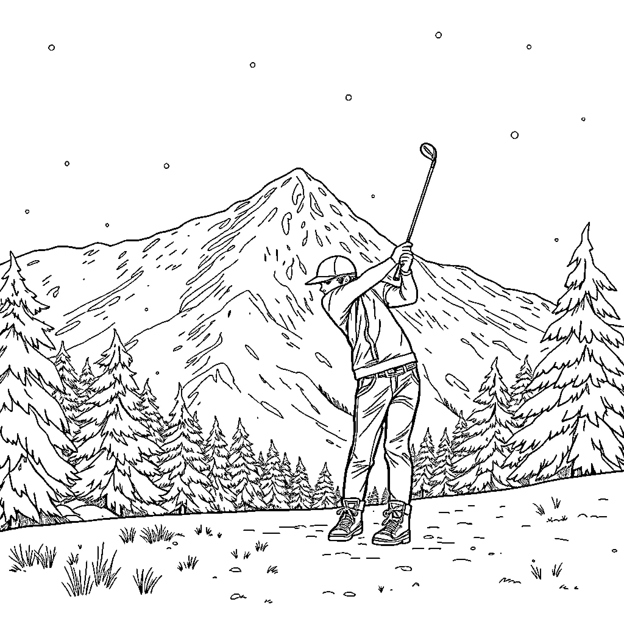 Joven disfrutando de un día de campo en la montaña Coloring Page (free black-and-white line drawing printable PDF for all, from beginners to advanced learners, including children, teens, adults, and seniors)