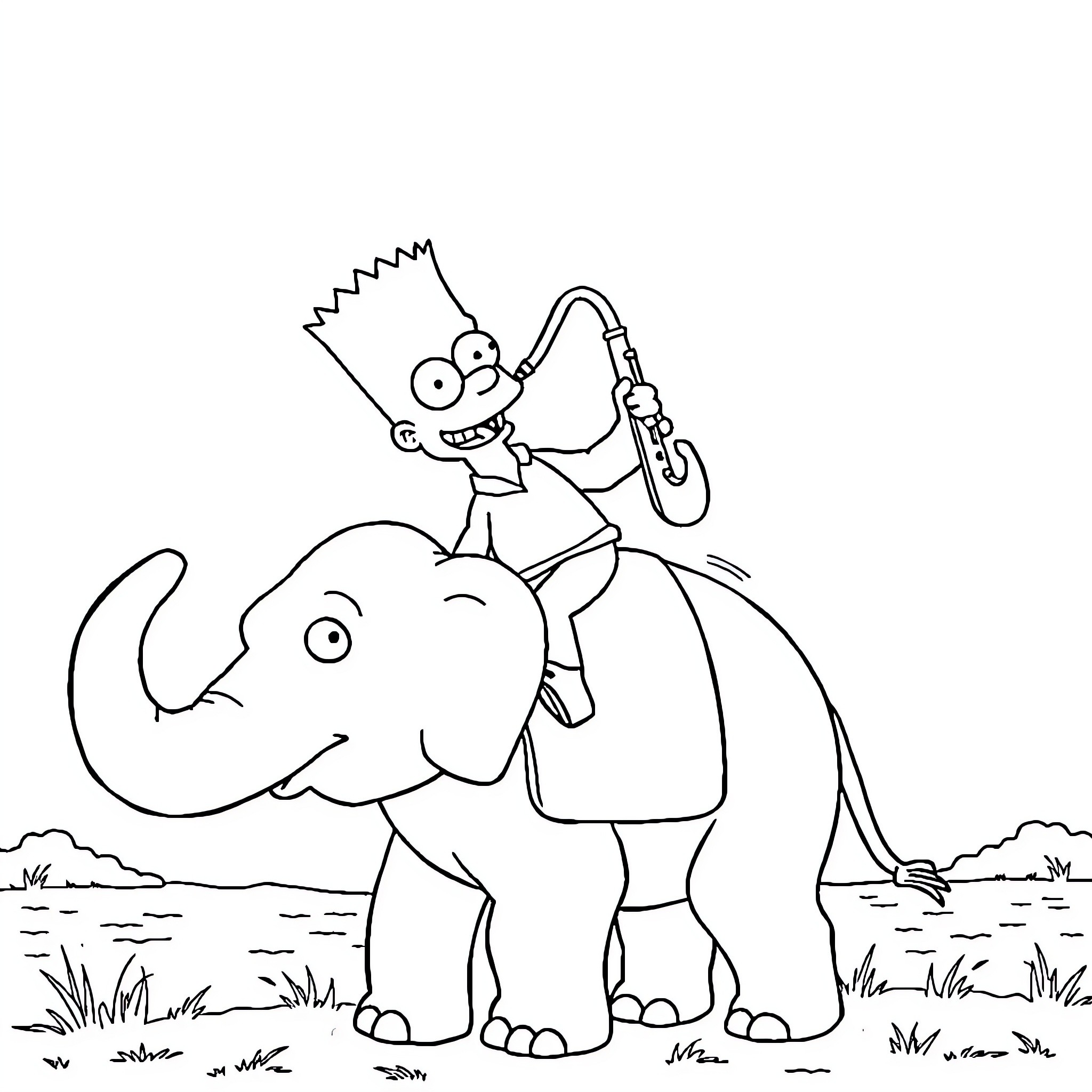 Bart Simpson riding a playful elephant Coloring Page (free black-and-white line drawing printable PDF for all, from beginners to advanced learners, including children, teens, adults, and seniors)