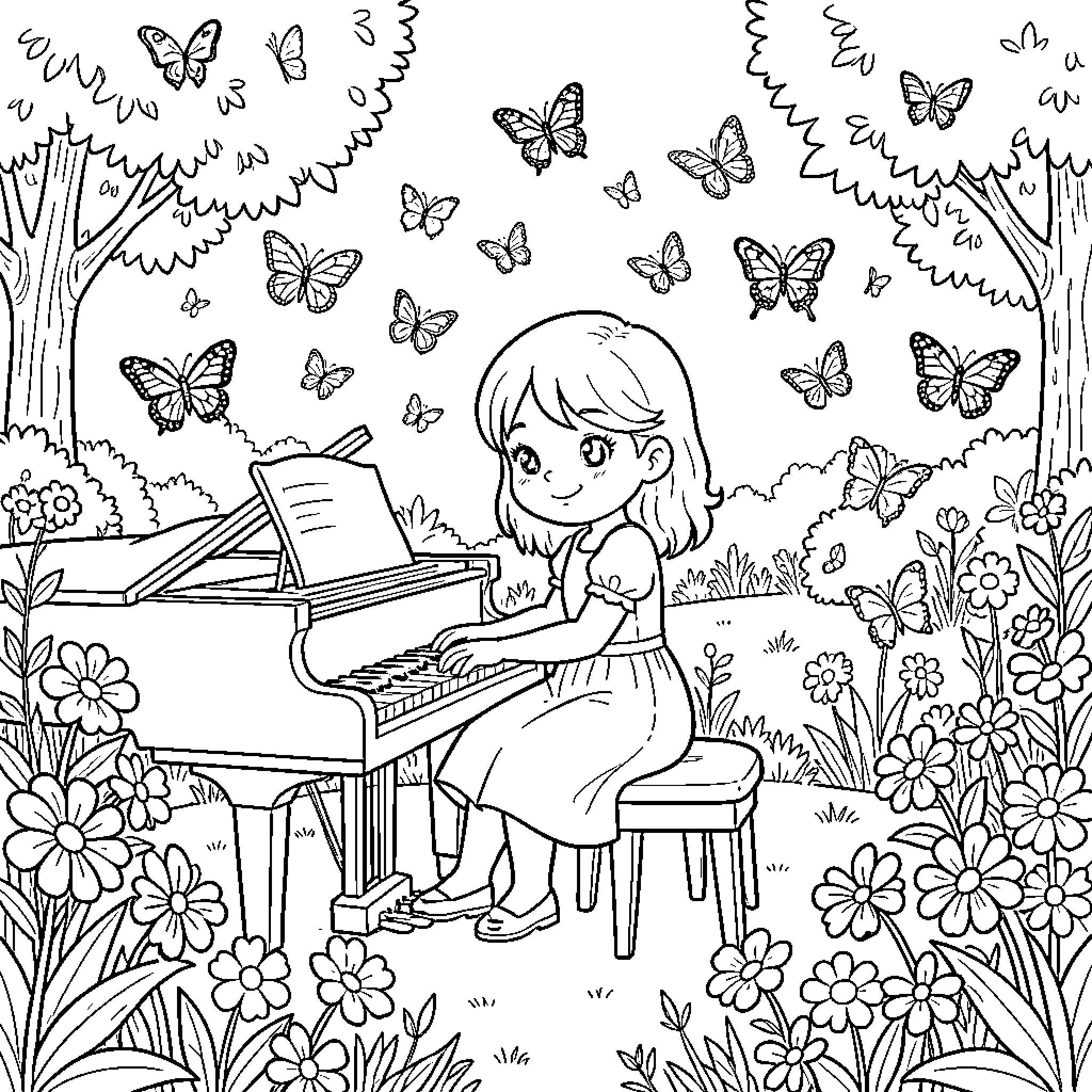 Girl Playing Piano with Butterflies in Flower Garden Coloring Page (free black-and-white line drawing printable PDF for all, from beginners to advanced learners, including children, teens, adults, and seniors)