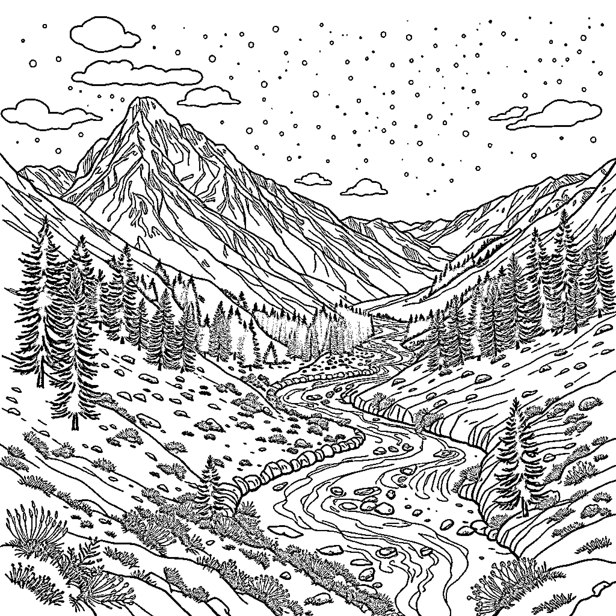 Mountain Landscape with Snowy Peaks and Winding River Coloring Page (free black-and-white line drawing printable PDF for all, from beginners to advanced learners, including children, teens, adults, and seniors)