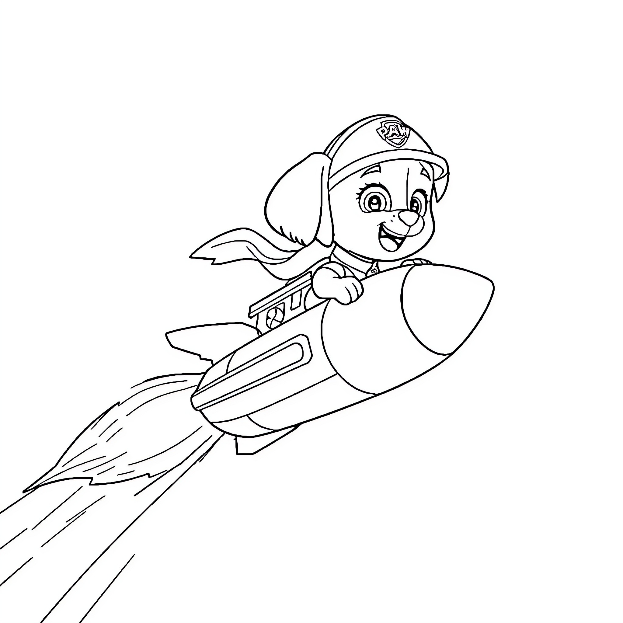 Paw Patrol Pup Soaring on Rocket Booster Coloring Page (free black-and-white line drawing printable PDF for all, from beginners to advanced learners, including children, teens, adults, and seniors)